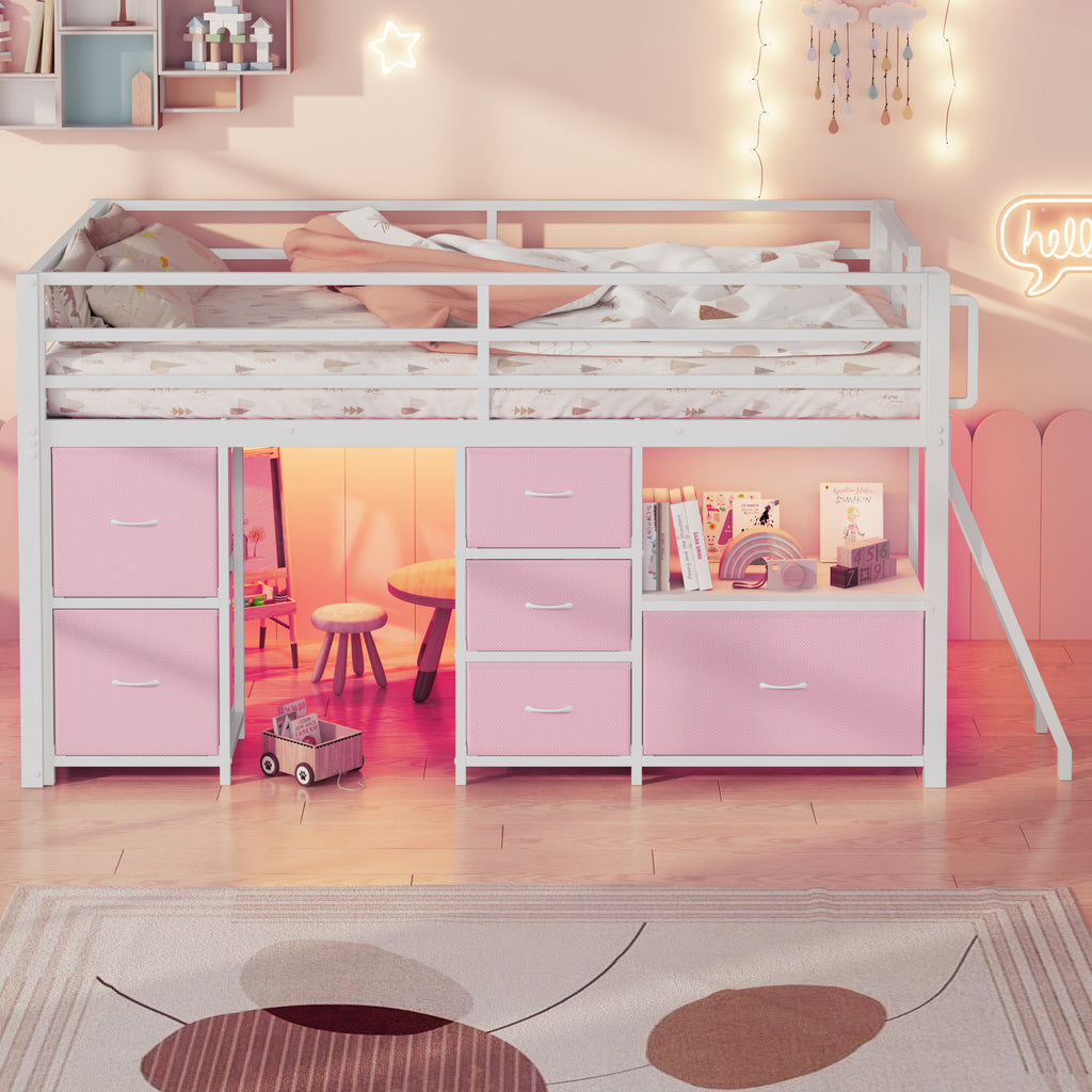 Kdymod Twin Loft Bed with 6 Storage Drawers & Shelf, Loft Bed with LED Lights & Play Curtain, Metal Loft Bed Frame with Ladder & Safety Guardrail, Pink