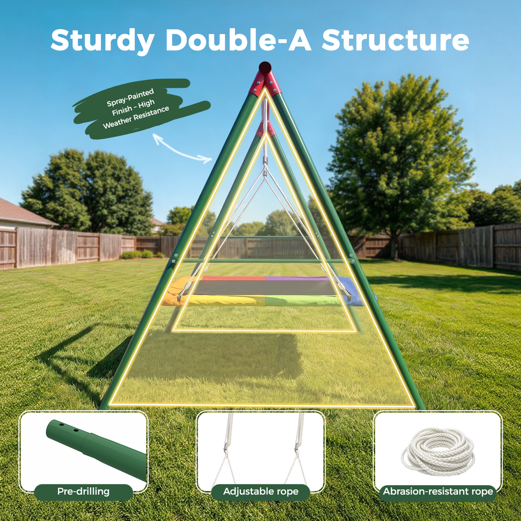 Kdymod 60 Inch Rectangular Platform Swing Set, PP + 900D Oxford Cushion, Metal A-Frame Swing for Backyard, 440 Lbs Capacity, Adjustable Ropes & Ground Nails, Green
