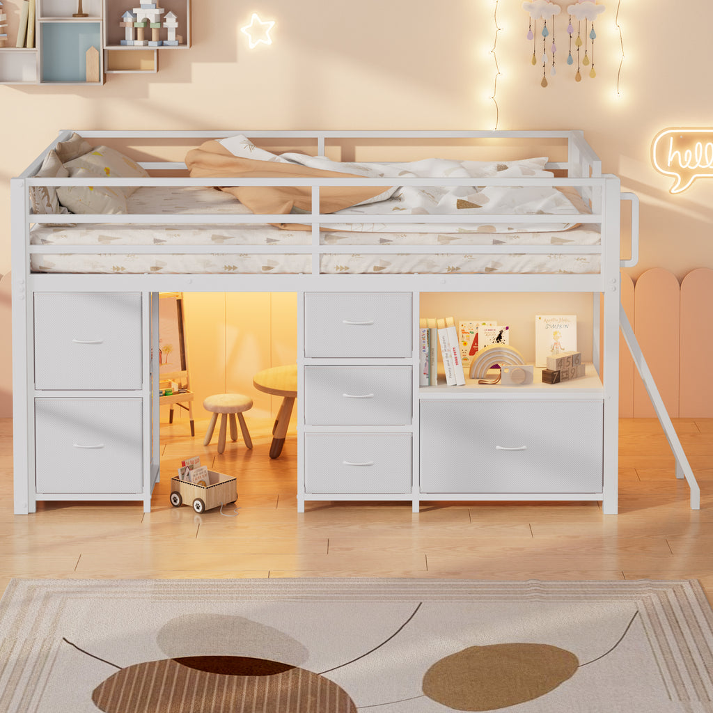 Kdymod Twin Loft Bed with 6 Storage Drawers & Shelf, Loft Bed with LED Lights & Play Curtain, Metal Loft Bed Frame with Ladder & Safety Guardrail, White