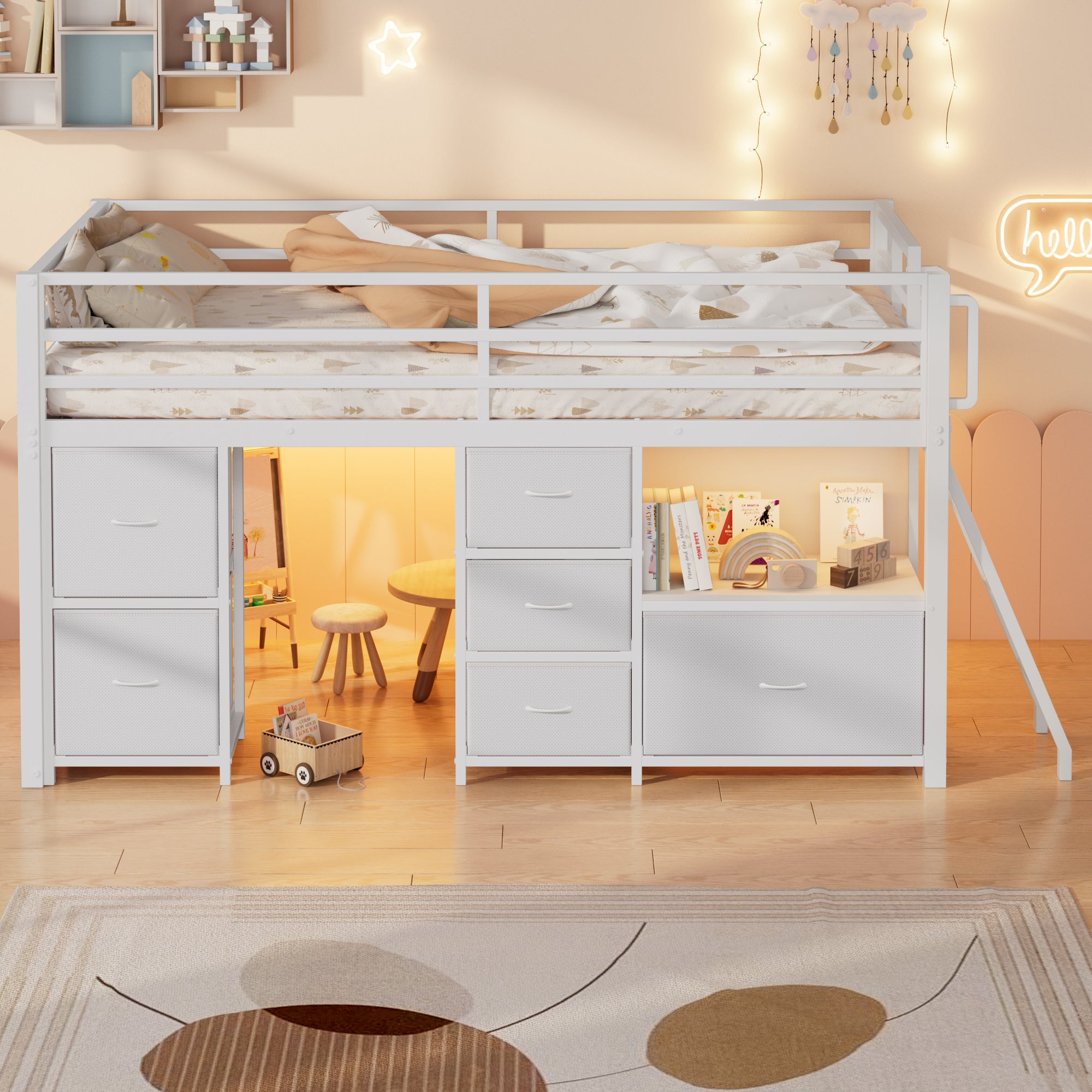 Kdymod Twin Loft Bed with 6 Storage Drawers & Shelf, Loft Bed with LED Lights & Play Curtain, Metal Loft Bed Frame with Ladder & Safety Guardrail, White