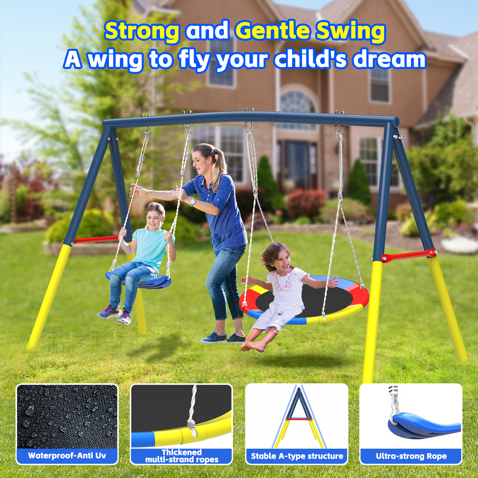Mersco 14FT Heavy Duty Trampoline with Enclosure Net , Swing Set Outdoor Big Trampoline for Backyard, Kids Trampoline with Basketball Hoop, Kids Birthday and Festival Gifts,Green