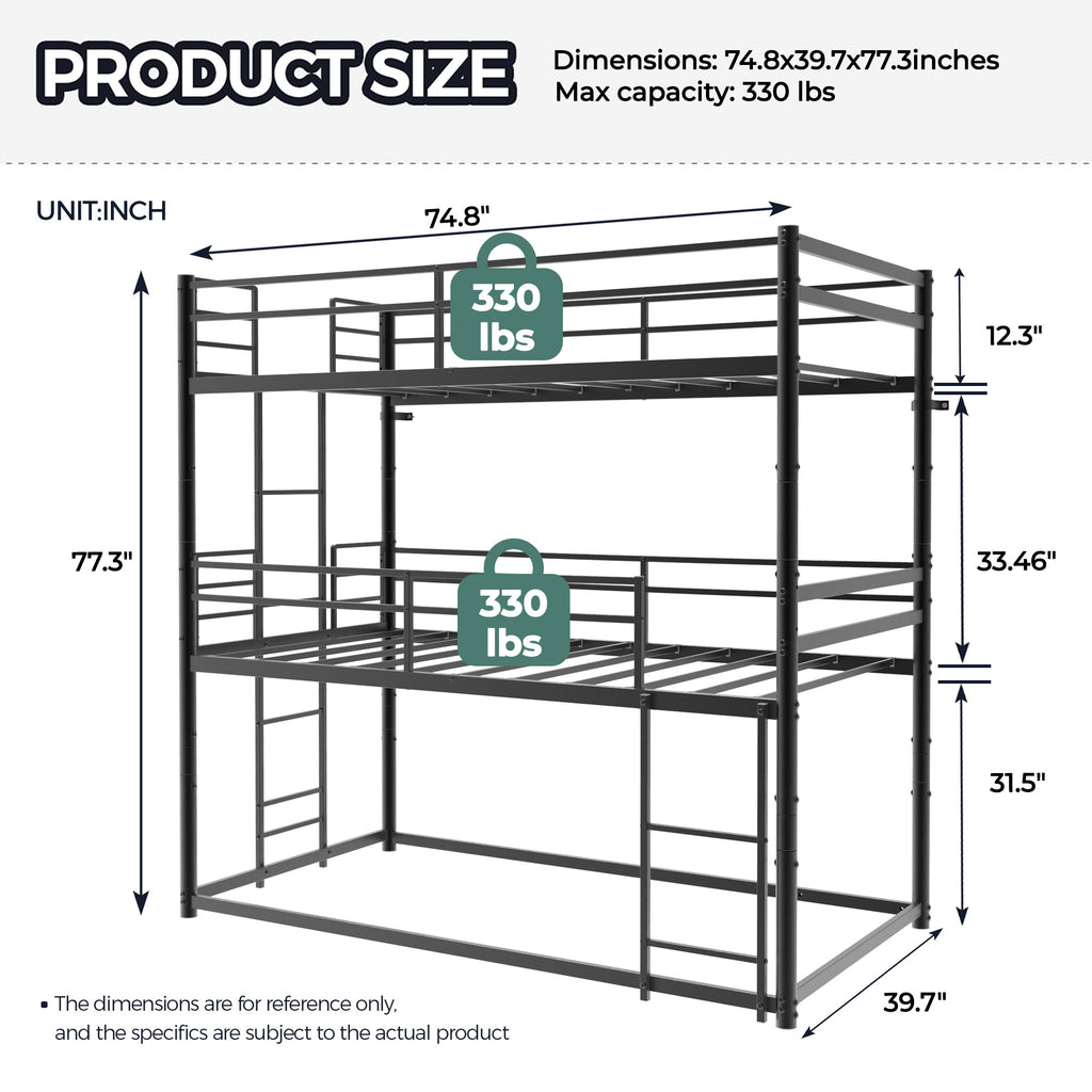 Kdymod Triple Bunk Bed Twin over Twin over Twin with Full-Length Guardrails & Reversible Ladder, Includes 3 Twin 6" Memory Foam Mattresses, Heavy-Duty Metal Bunk Bed Frame with Convertible Design