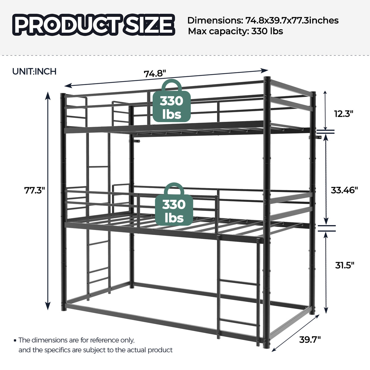Kdymod Triple Bunk Bed Twin over Twin over Twin with Full-Length Guardrails & Reversible Ladder, Includes 3 Twin 6" Memory Foam Mattresses, Heavy-Duty Metal Bunk Bed Frame with Convertible Design