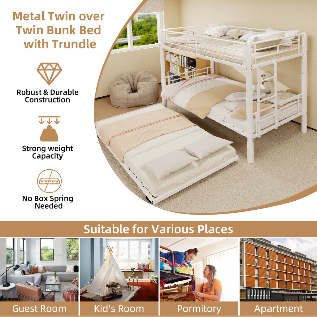 Kdymod Triple Bunk Bed Twin over Twin with Trundle, Includes 3 Twin Size 6" Green Tea Memory Foam Mattresses, Convertible Metal Frame with Ladder and Guardrail, for Teens and Adults, White