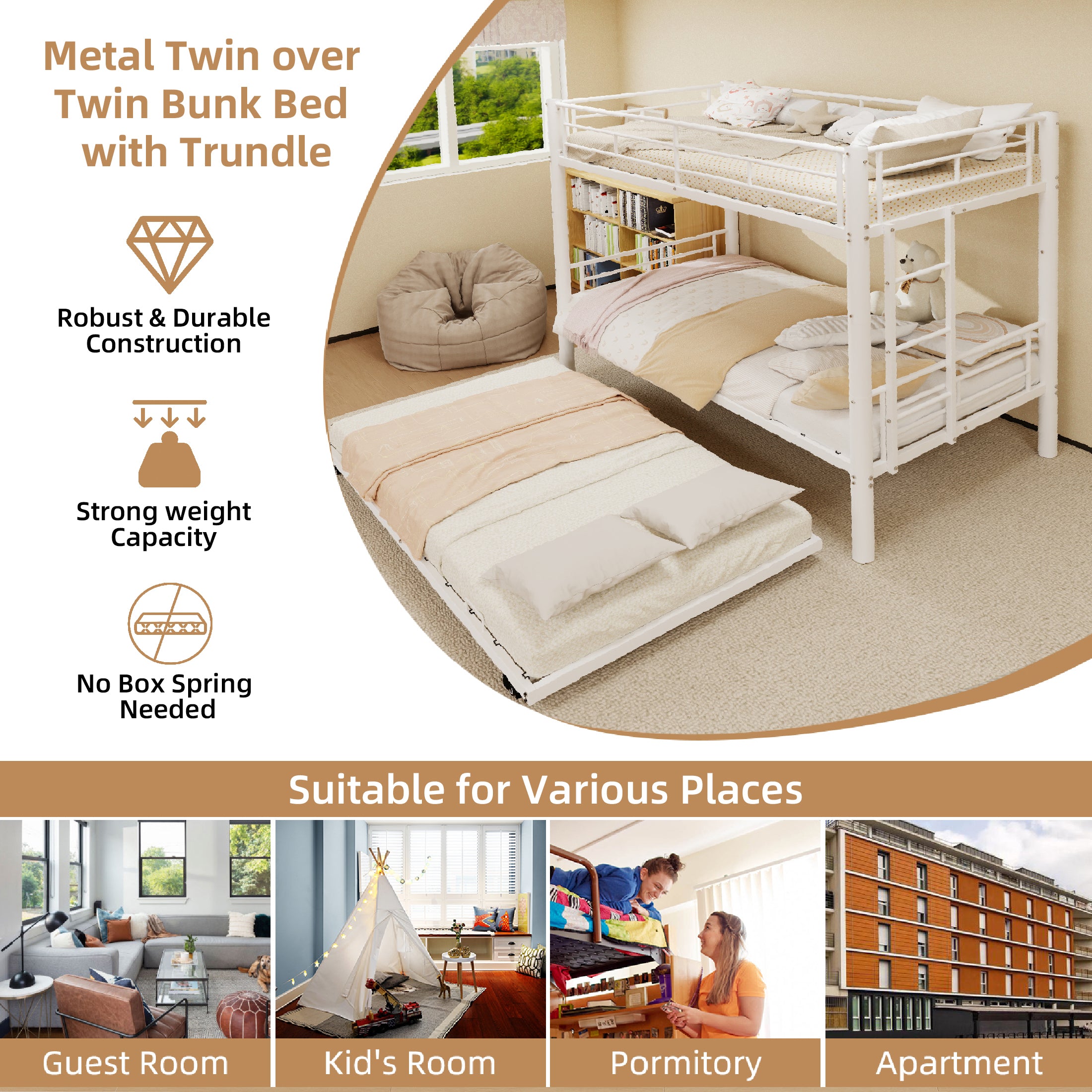 Kdymod Triple Bunk Bed Twin over Twin with Trundle, Includes 3 Twin Size 6" Green Tea Memory Foam Mattresses, Convertible Metal Frame with Ladder and Guardrail, for Teens and Adults, White