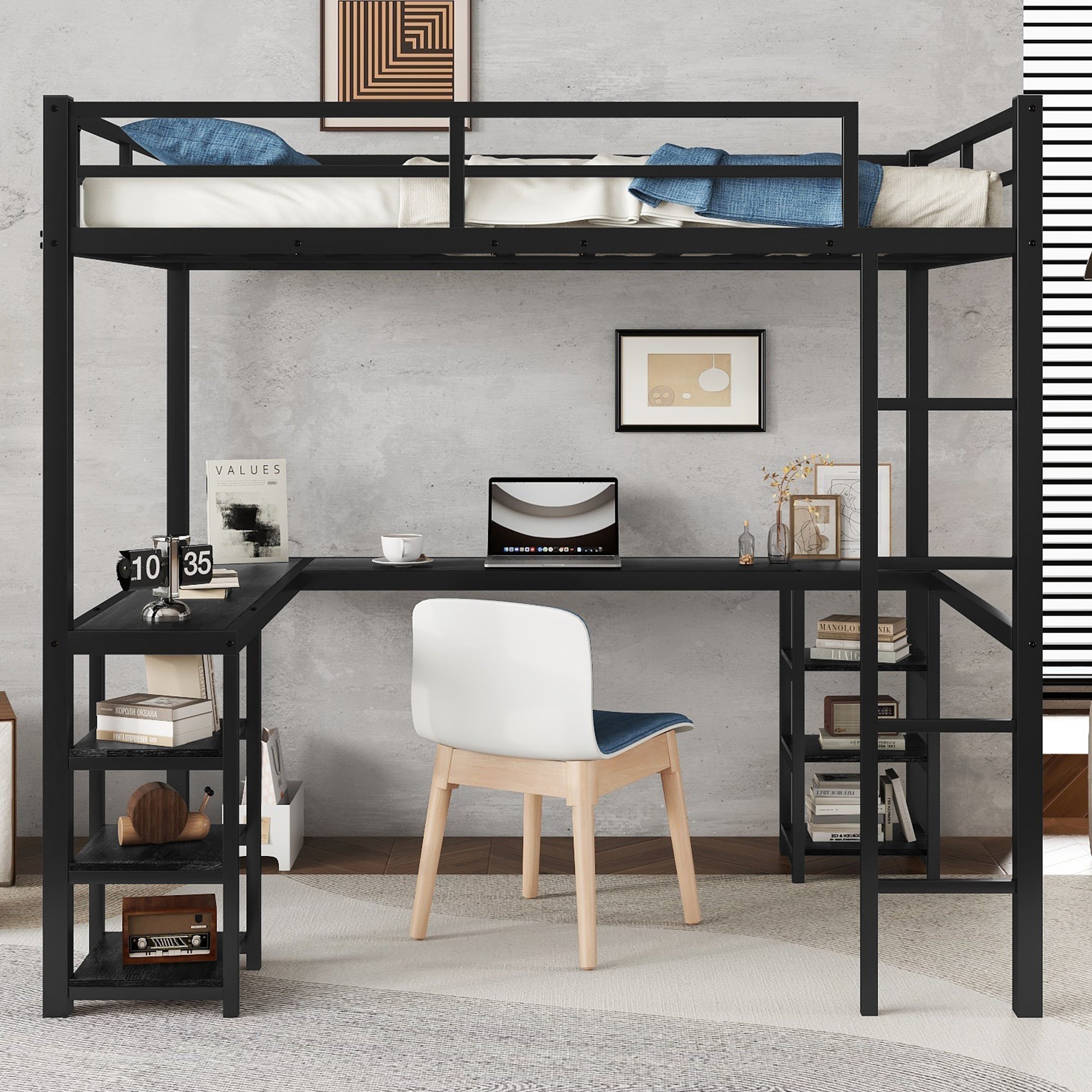 Uiowio Full Metal Loft Bed with L-Shaped Desk Underneath & 6 Shelves & Storage, Space-Saving Bed Frame with Built-in Ladder & Safety Guardrail, for Teens