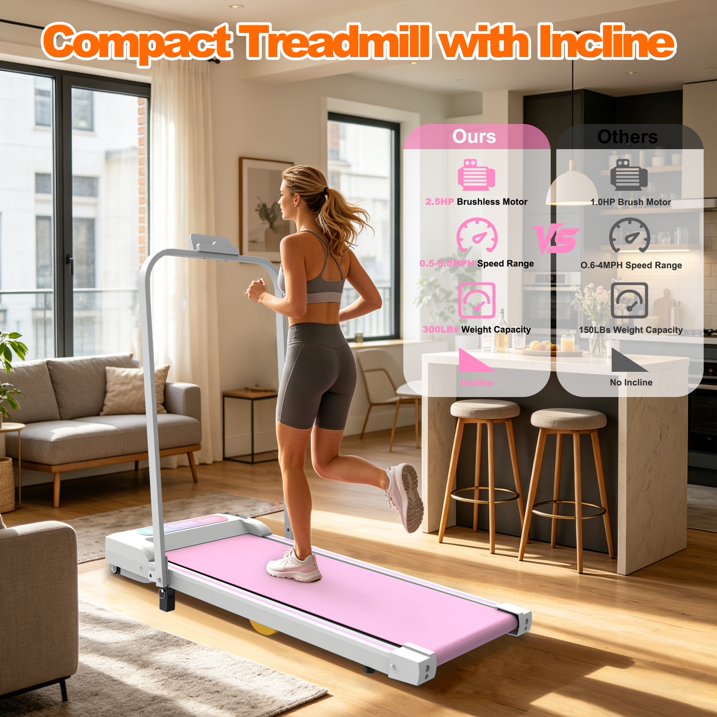 Kdymod 2 in 1 Foldable Treadmill with LED Display & Remote,Walking Treadmill Jogging Machine with Handle Bar & Incline,Under Desk Walking Pad for Home Office,Pink