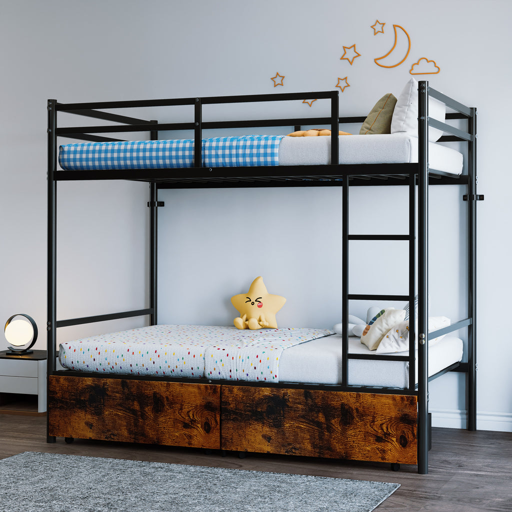 Kdymod Twin over Twin Metal Bunk Bed with Storage Drawers, Heavy Duty Bed Frame with Safety Guardrail & Entrance & Built-in Ladder, Black