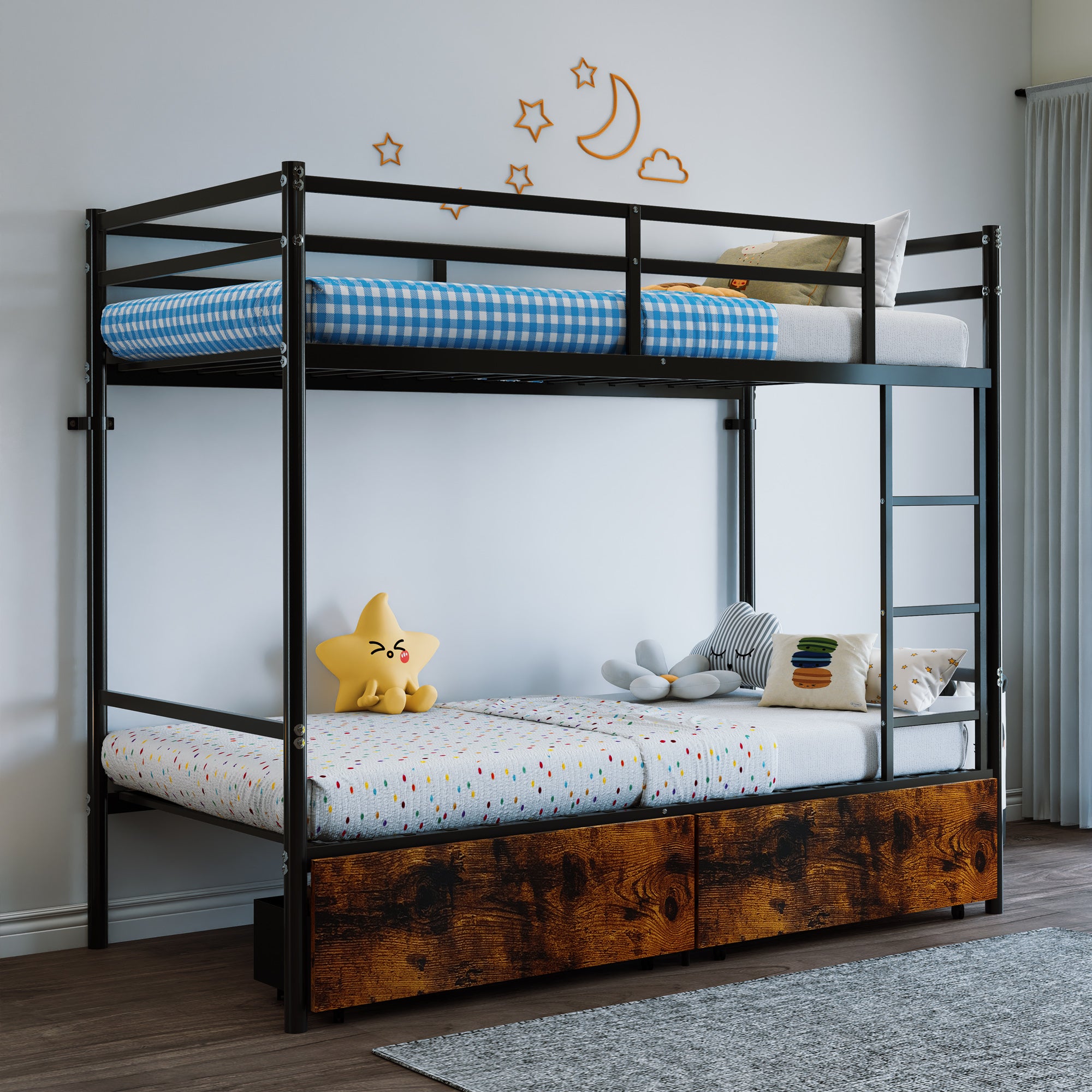 Kdymod Twin over Twin Metal Bunk Bed with Storage Drawers, Heavy Duty Bed Frame with Safety Guardrail & Entrance & Built-in Ladder, Black