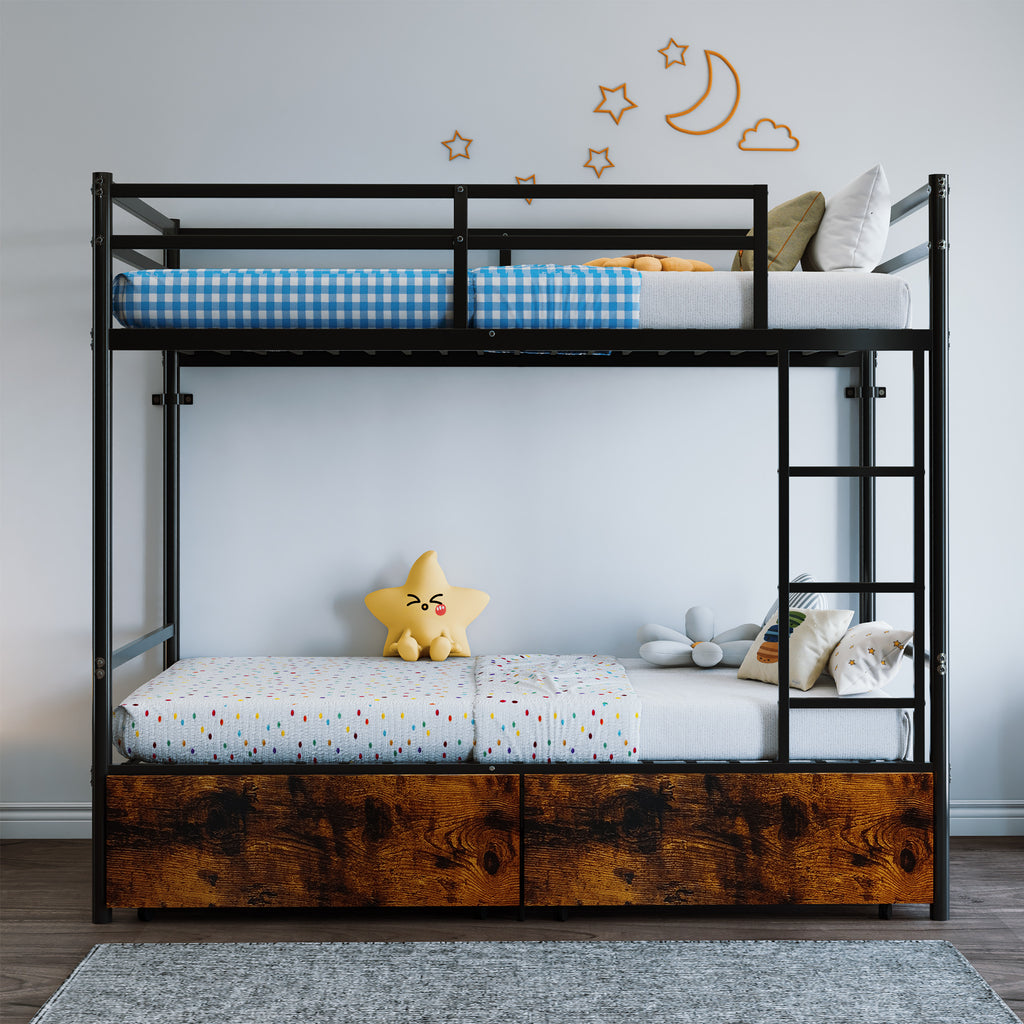 Kdymod Twin over Twin Metal Bunk Bed with Storage Drawers, Heavy Duty Bed Frame with Safety Guardrail & Entrance & Built-in Ladder, Black
