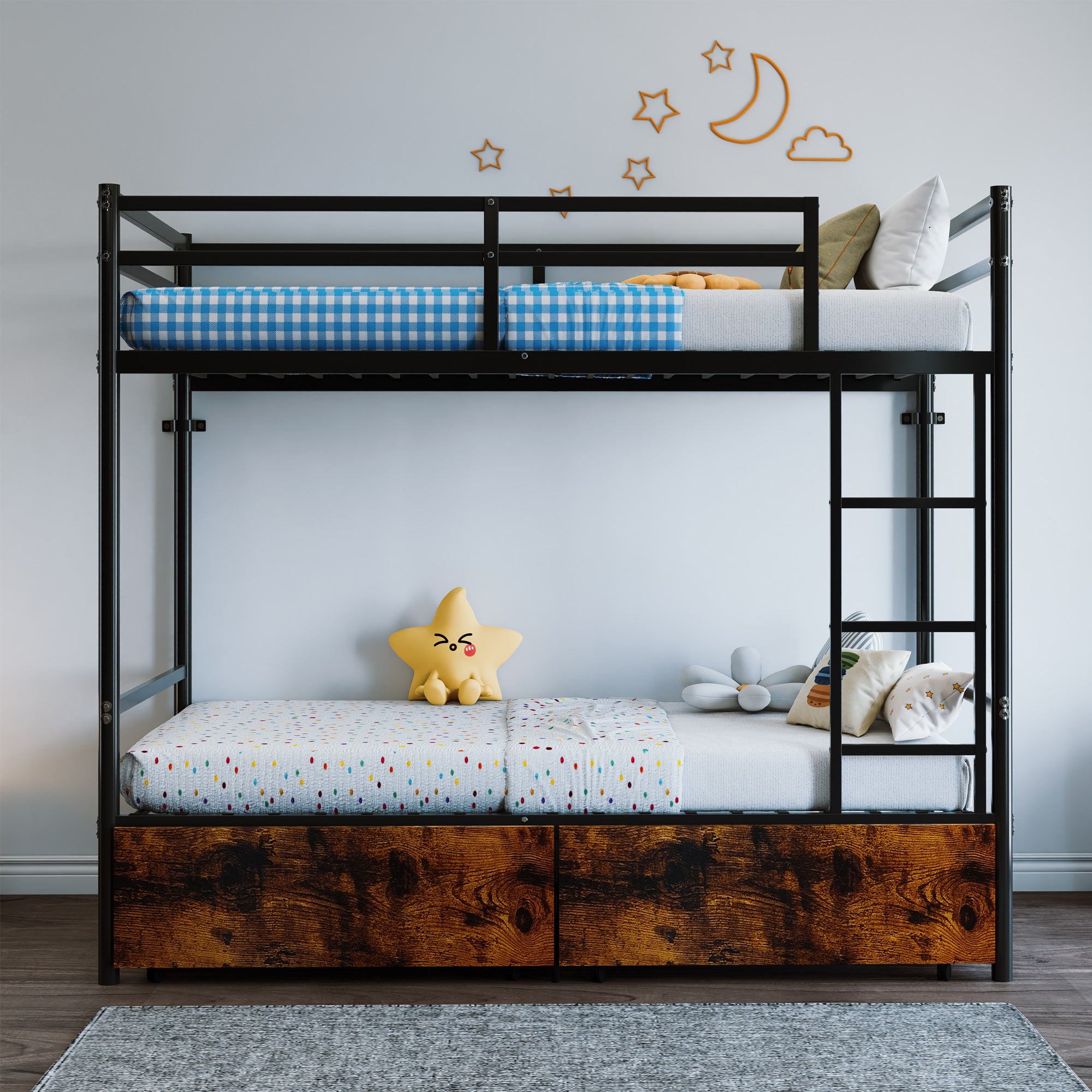 Kdymod Twin over Twin Metal Bunk Bed with Storage Drawers, Heavy Duty Bed Frame with Safety Guardrail & Entrance & Built-in Ladder, Black
