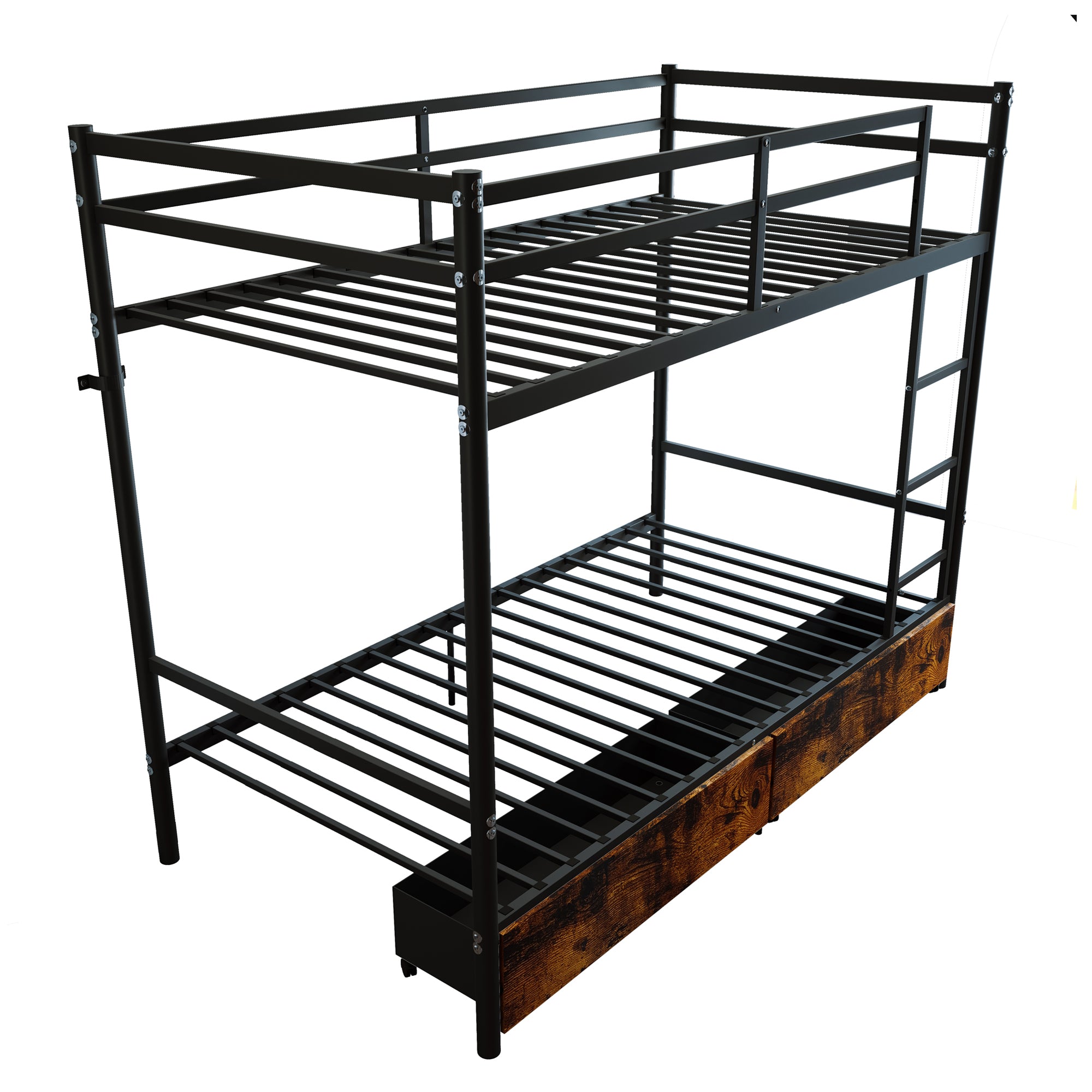 Kdymod Twin over Twin Metal Bunk Bed with Storage Drawers, Heavy Duty Bed Frame with Safety Guardrail & Entrance & Built-in Ladder, Black