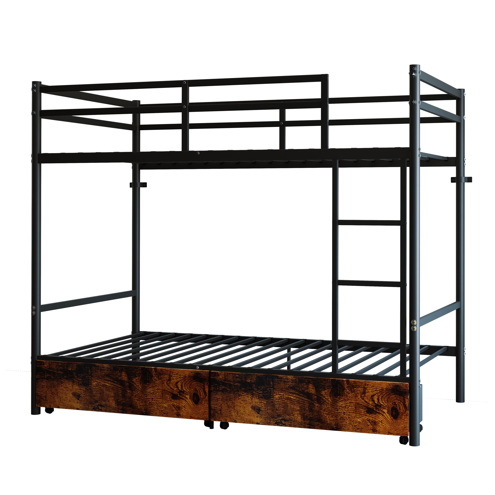 Kdymod Twin over Twin Metal Bunk Bed with Storage Drawers, Heavy Duty Bed Frame with Safety Guardrail & Entrance & Built-in Ladder, Black