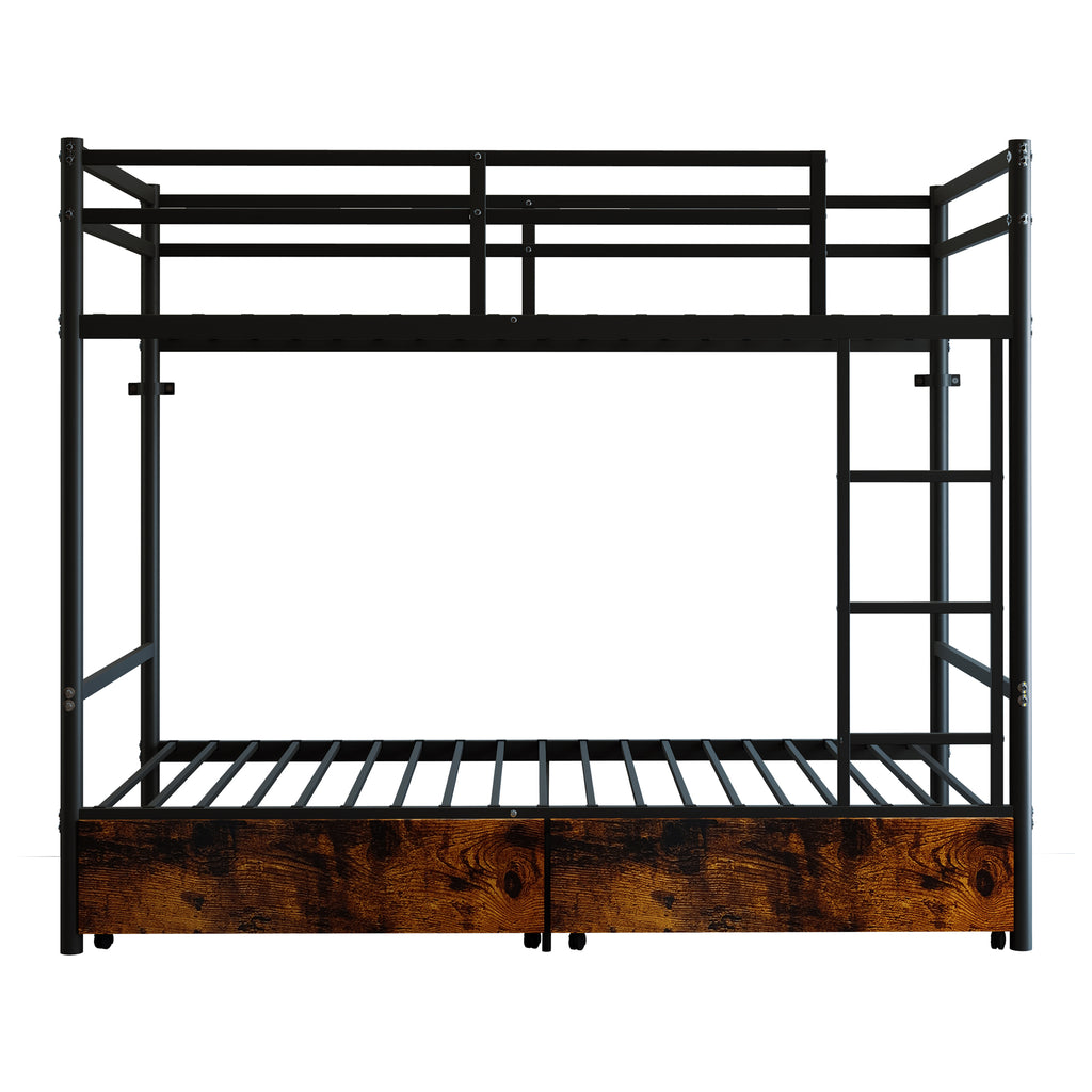 Kdymod Twin over Twin Metal Bunk Bed with Storage Drawers, Heavy Duty Bed Frame with Safety Guardrail & Entrance & Built-in Ladder, Black