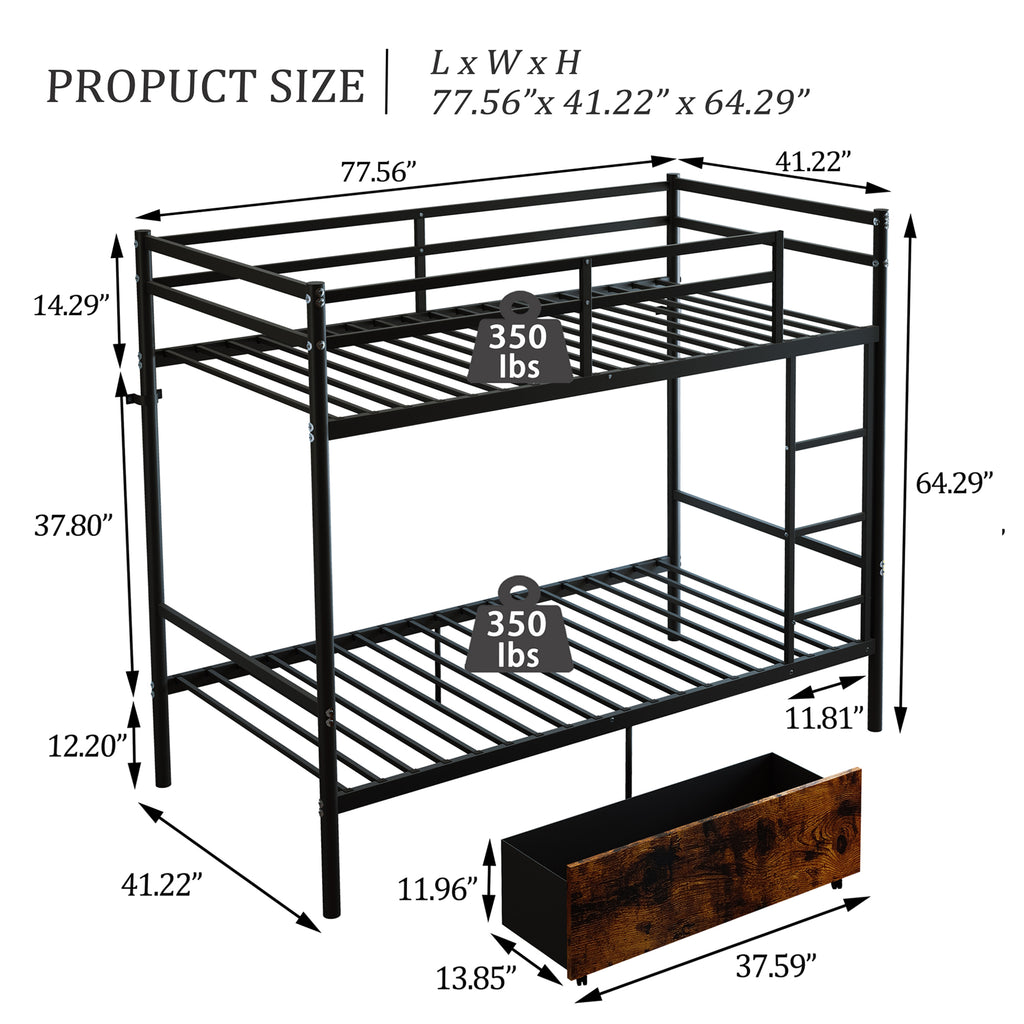 Kdymod Twin over Twin Metal Bunk Bed with Storage Drawers, Heavy Duty Bed Frame with Safety Guardrail & Entrance & Built-in Ladder, Black