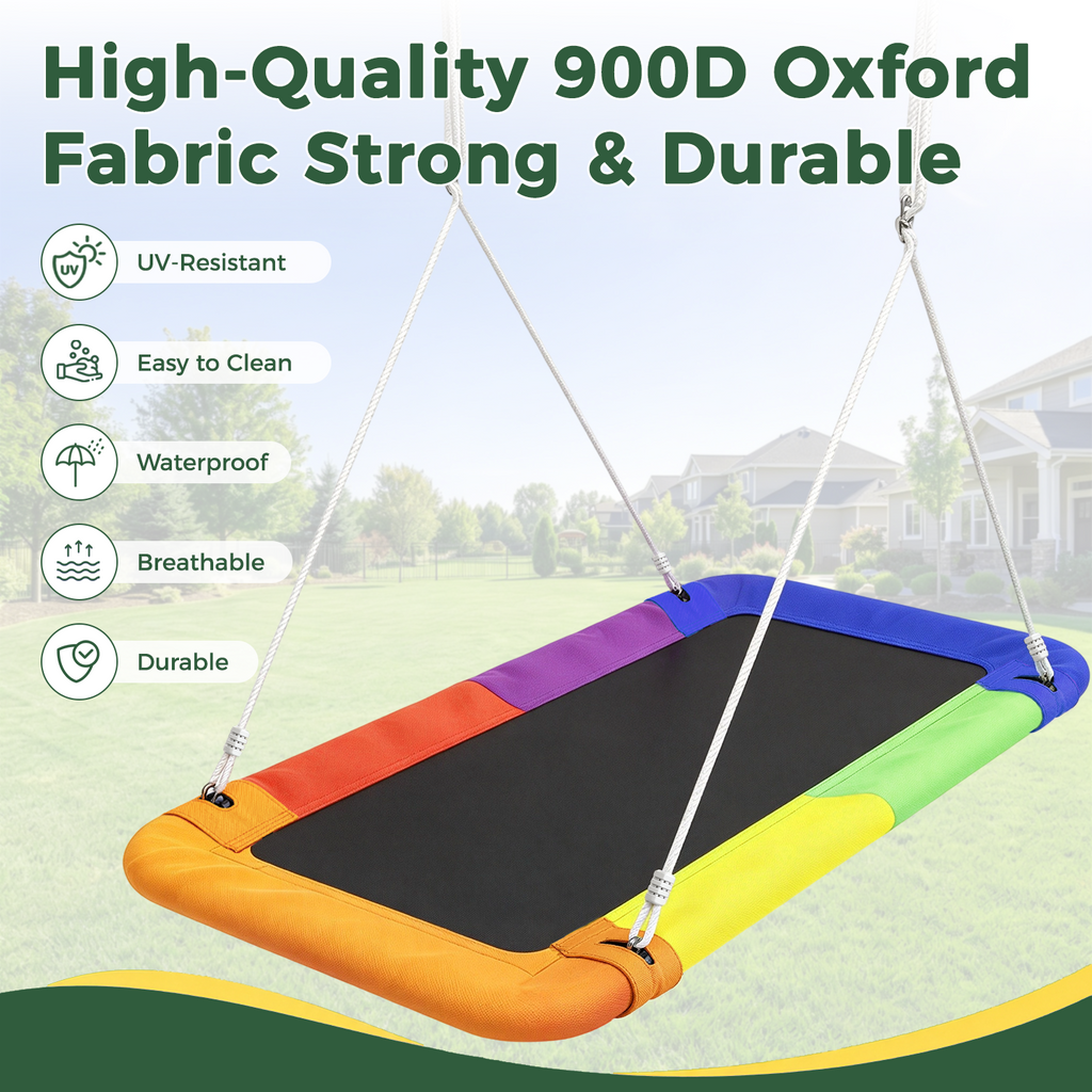 Kdymod 60 Inch Rectangular Platform Swing Set, PP + 900D Oxford Cushion, Metal A-Frame Swing for Backyard, 440 Lbs Capacity, Adjustable Ropes & Ground Nails, Green