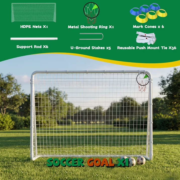 Kdymod 8×6 FT Soccer Goal for Backyard,Heavy-Duty Metal Soccer Net with Target Net,Outdoor Soccer Goal Soccer Equipment Set with 6 Soccer Cones & 5 Stakes for Kids and Adults ,White