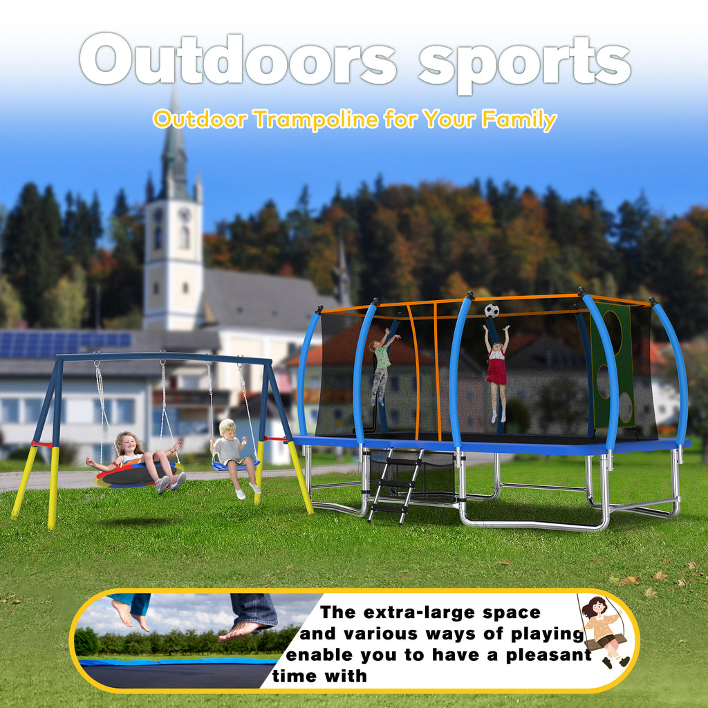 Mersco 10x16FT 4-in-1 Trampoline with Swing Set , Enclosure Net, Recreational Trampoline, Outdoor Kids and Adults Trampoline for Backyard, Beach, Birthday Gifts ,Blue