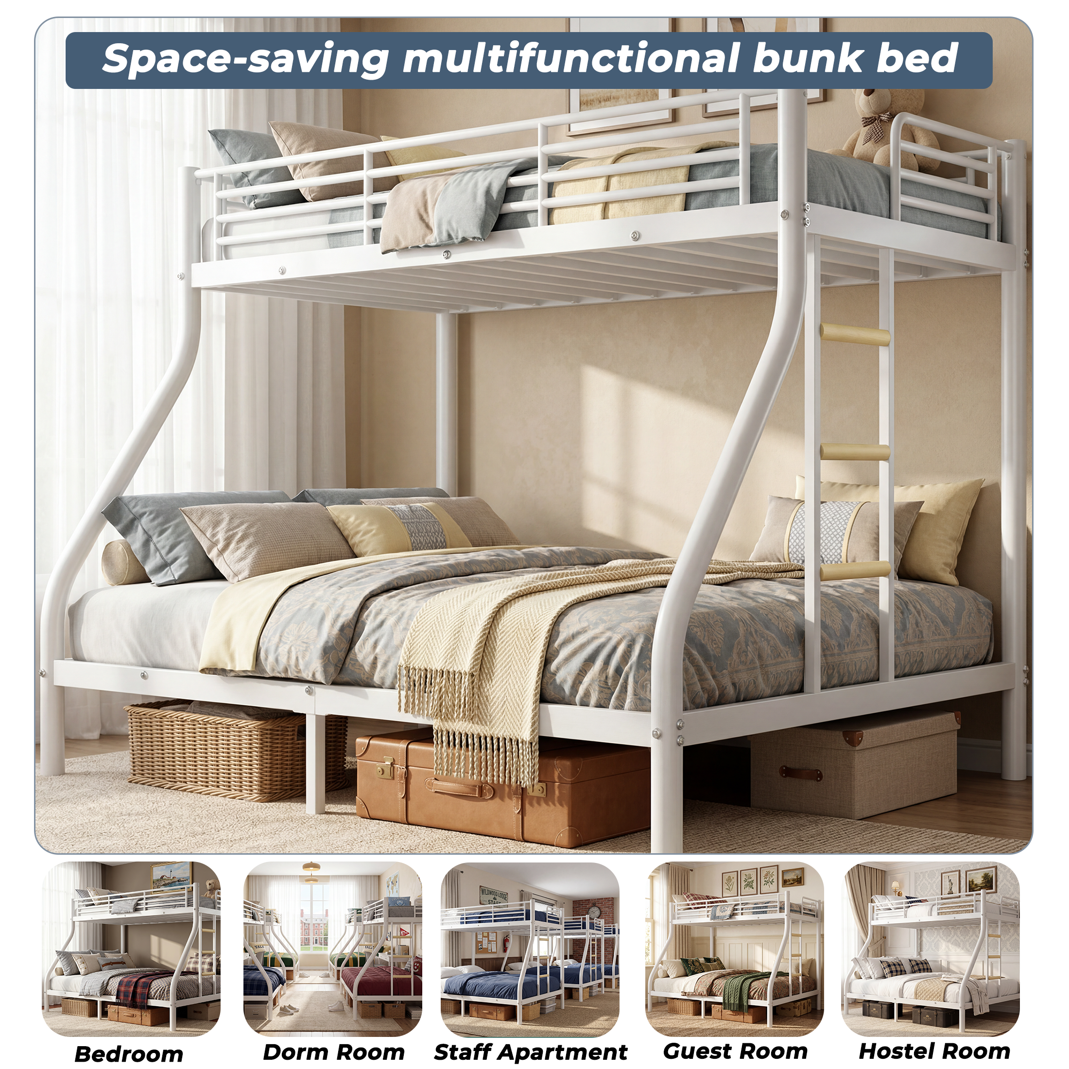 Kdymod Twin XL over Queen Metal Bunk Bed with Stairs & Storage, Heavy Duty Bed Frame for Adults & Teens, Includes 2 6" Memory Foam Mattresses, No Box Spring Needed, White