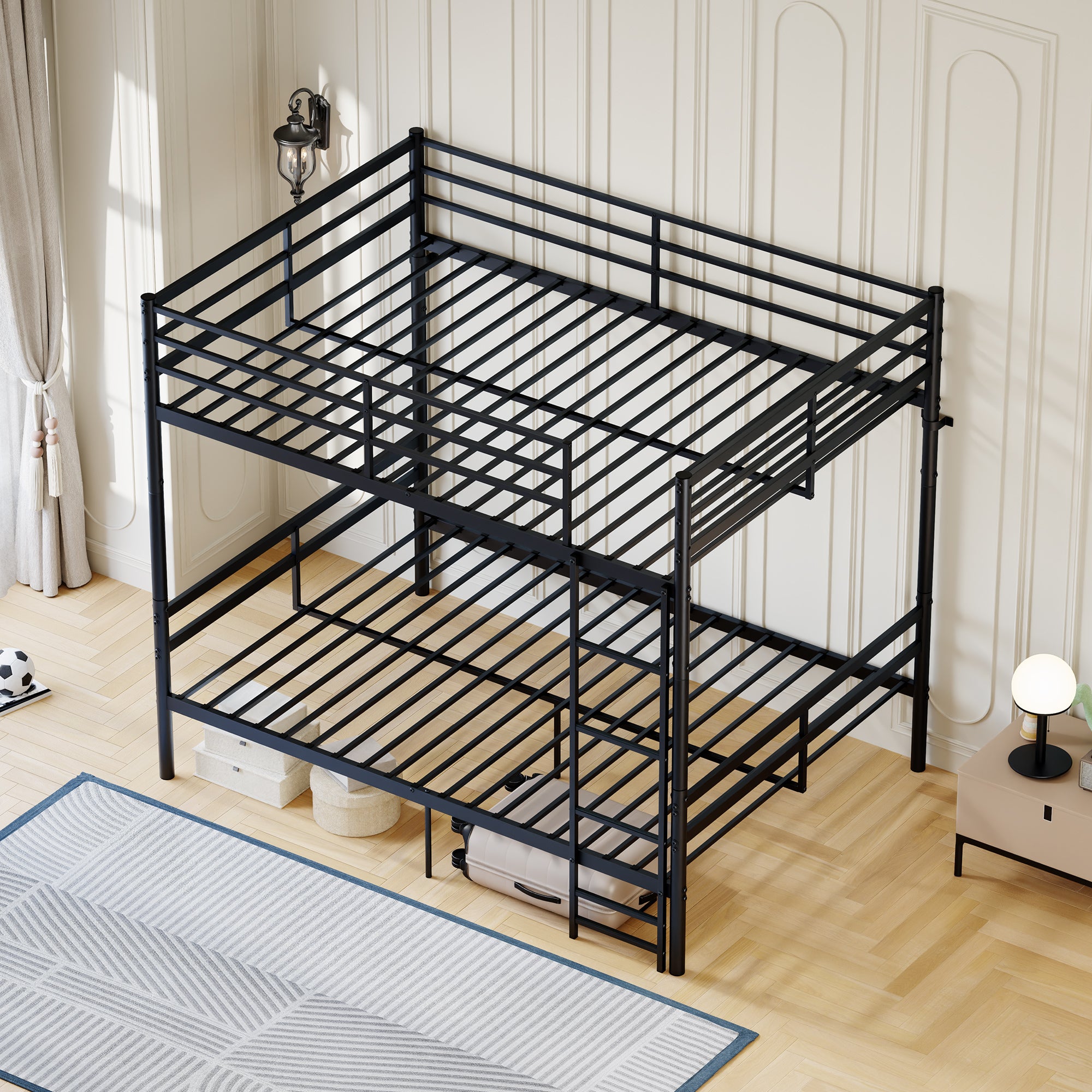 Kdymod Full over Full Metal Bunk Bed with Storage, Converts to 2 Separate Beds, Heavy-Duty & Space-Saving Bed Frame with Built-in Ladder & Safety Guardrail, Black