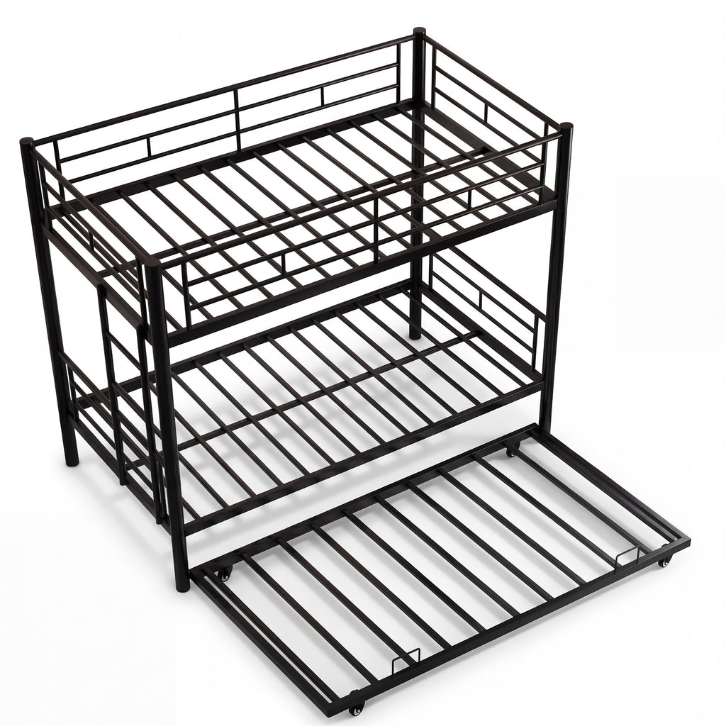 Kdymod Triple Bunk Bed Twin over Twin with Trundle, Includes 3 Twin Size 6" Green Tea Memory Foam Mattresses, Convertible Metal Frame with Ladder and Guardrail, for Teens and Adults, Black