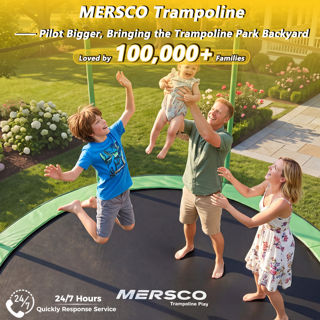 Mersco 10ft Trampoline for Kids,Outdoor Trampoline with Enclosure Net and Ladder,Upright-Poled Backyard Trampoline PLAY for Family Fun,Birthday Gifts,Green
