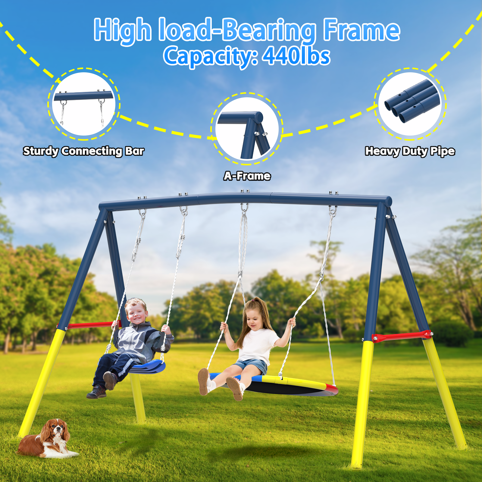 Mersco 12FT Heavy Duty Trampoline with Enclosure Net , Swing Set Outdoor Big Trampoline for Backyard, Kids Trampoline with Basketball Hoop,Kids Birthday and Festival Gifts, Blue