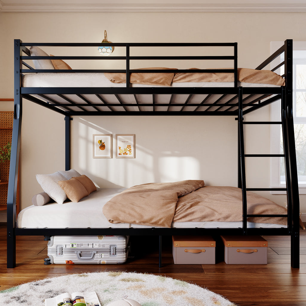 Netrum Full over Queen Bunk Bed for Teens Adults,Heavy Duty Metal Bunk Beds Frame, with Ladder & Storage,Full Bunk Bed with Safe Guardrail, No Box Spring Needed