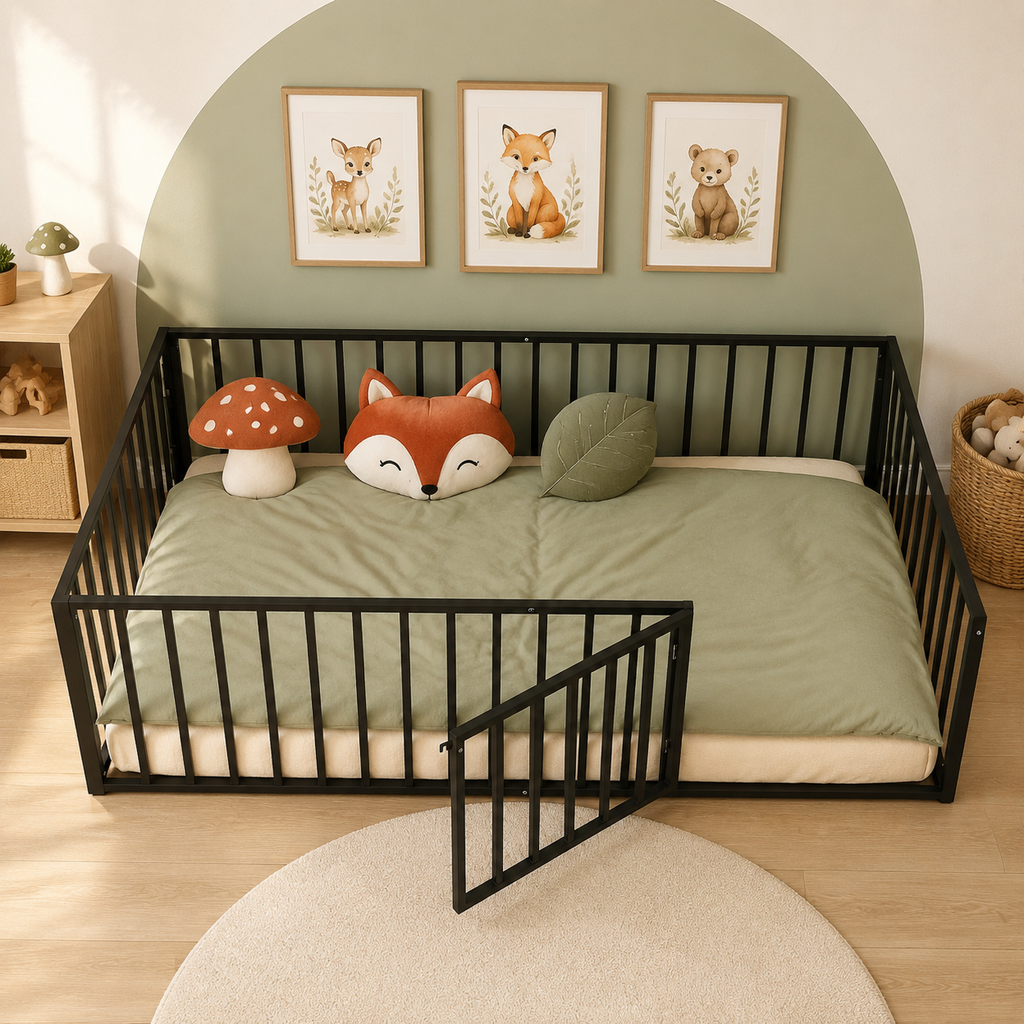 Kdymod Twin Size Montessori Floor Bed for Toddler with Safety Guardrail & Door, Low-to-Floor Metal Bed Frame, Easy Assembly, Safe Play-Sleep Zone, No Box Spring Needed, Black