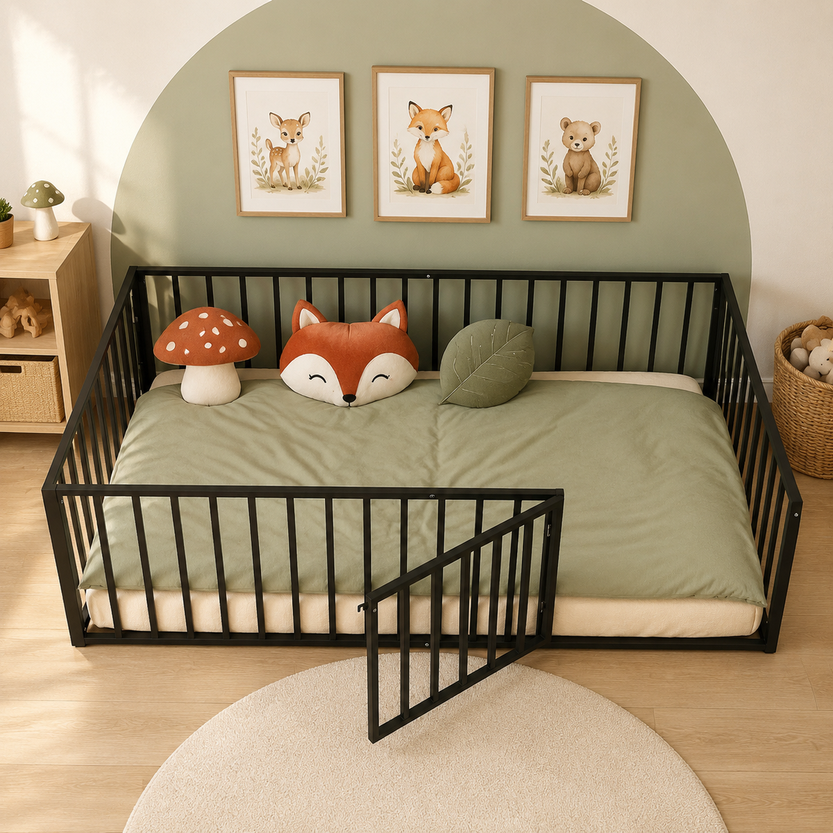 Kdymod Twin Size Montessori Floor Bed for Toddler with Safety Guardrail & Door, Low-to-Floor Metal Bed Frame, Easy Assembly, Safe Play-Sleep Zone, No Box Spring Needed, Black