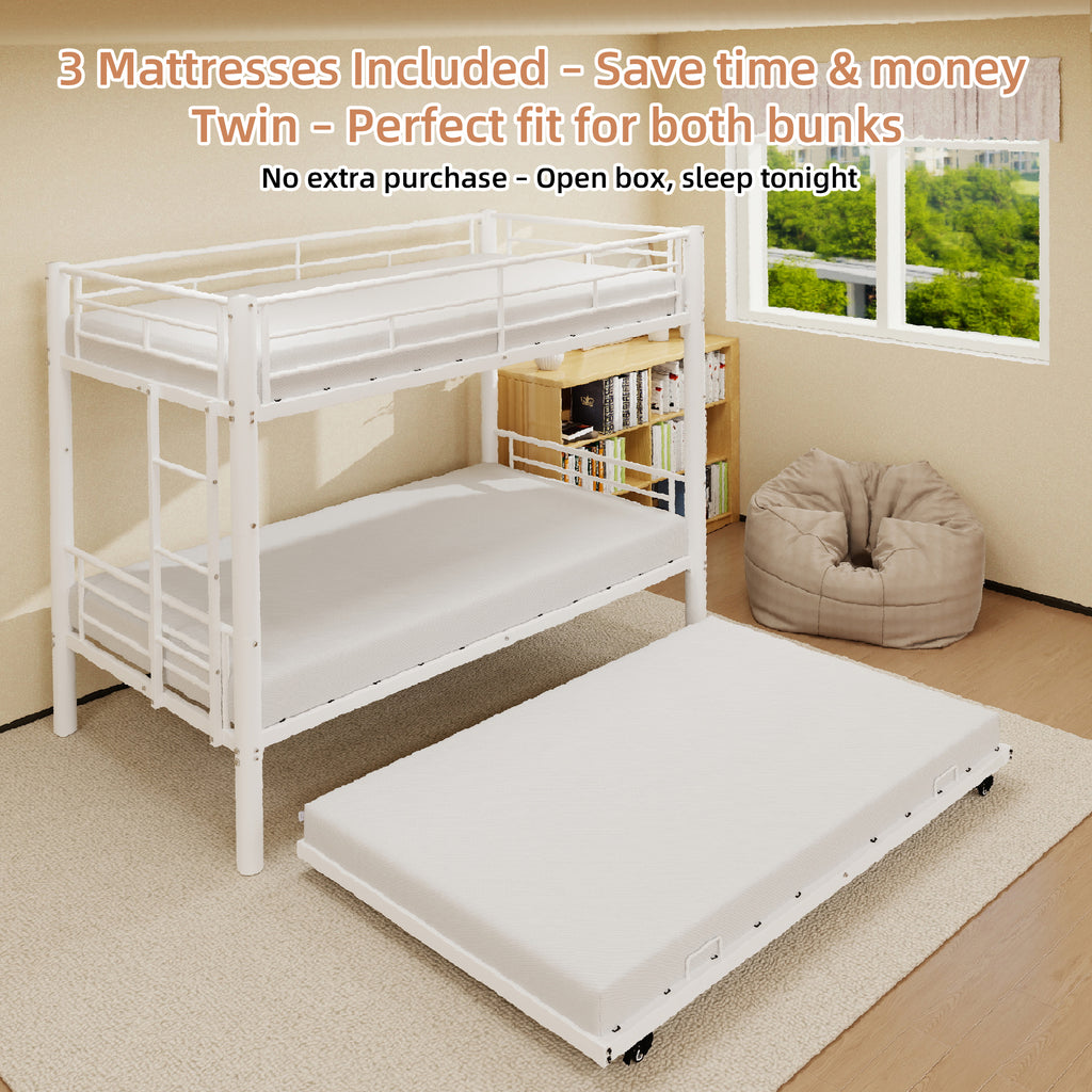 Kdymod Triple Bunk Bed Twin over Twin with Trundle, Includes 3 Twin Size 6" Green Tea Memory Foam Mattresses, Convertible Metal Frame with Ladder and Guardrail, for Teens and Adults, White