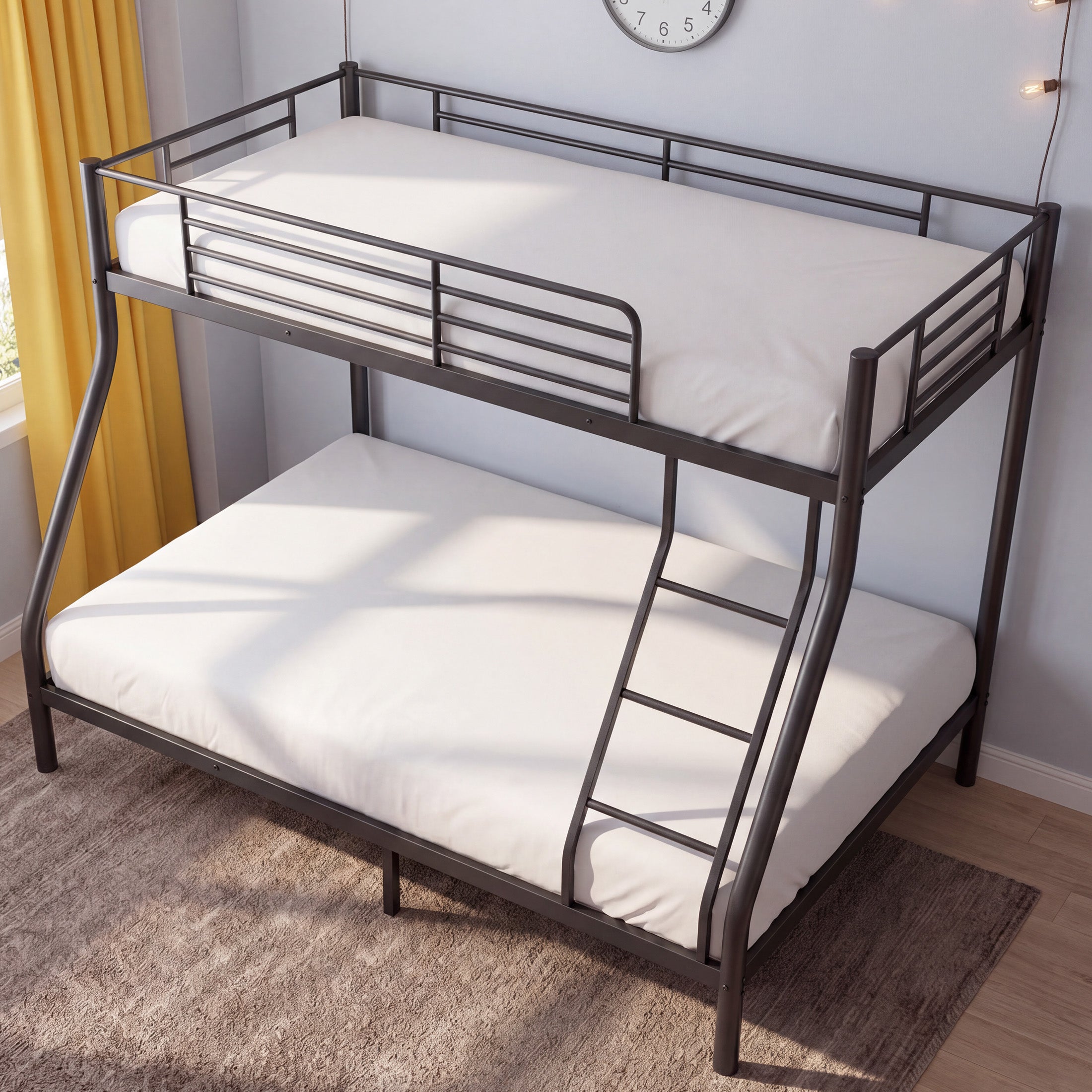 Kdymod Twin over Full Metal Bunk Bed with Stairs & Storage, Heavy Duty Bed Frame for Adults & Teens, Includes 2 6" Memory Foam Mattresses, No Box Spring Needed, Black