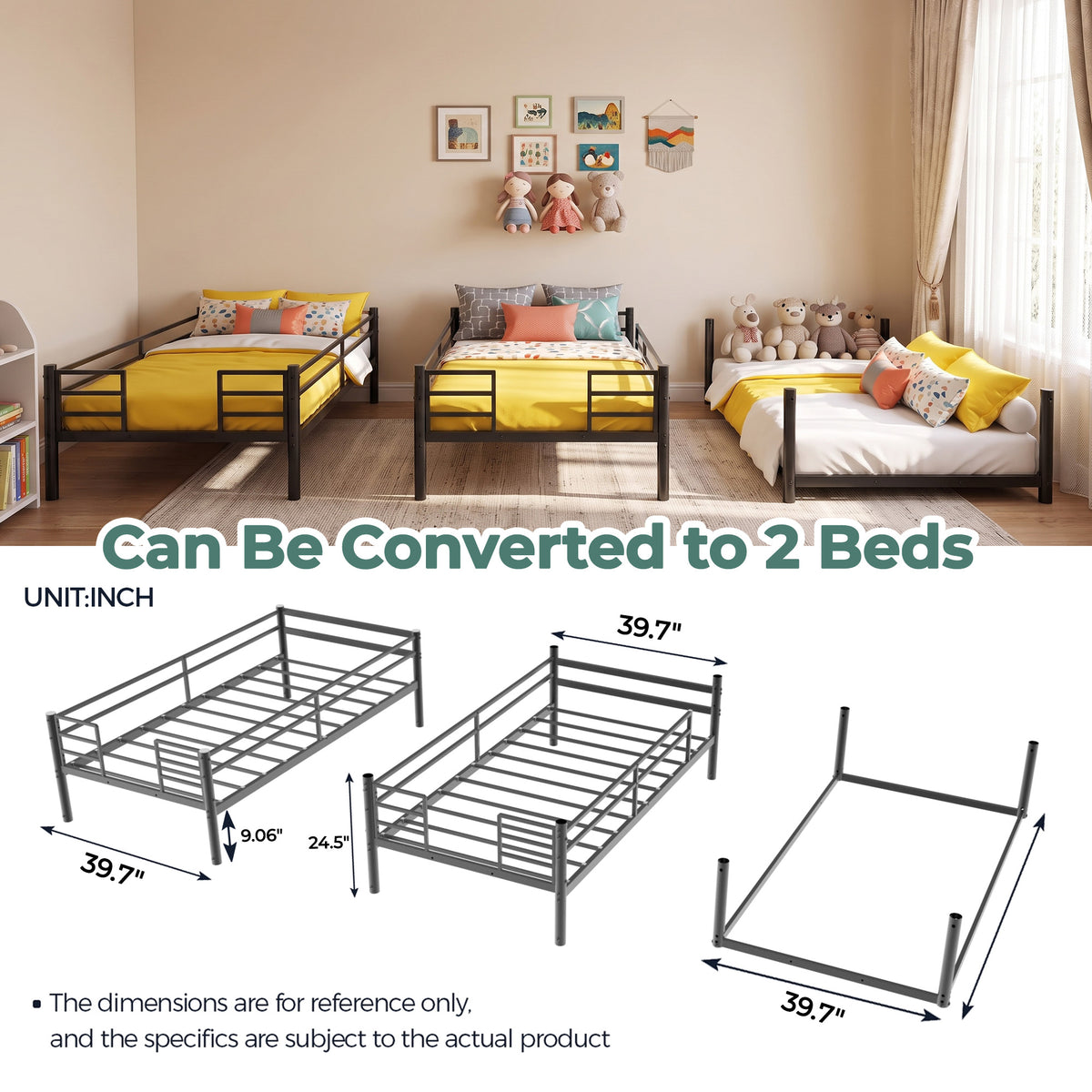 Kdymod Triple Bunk Bed Twin over Twin over Twin with Full-Length Guardrails & Reversible Ladder, Includes 3 Twin 6" Memory Foam Mattresses, Heavy-Duty Metal Bunk Bed Frame with Convertible Design