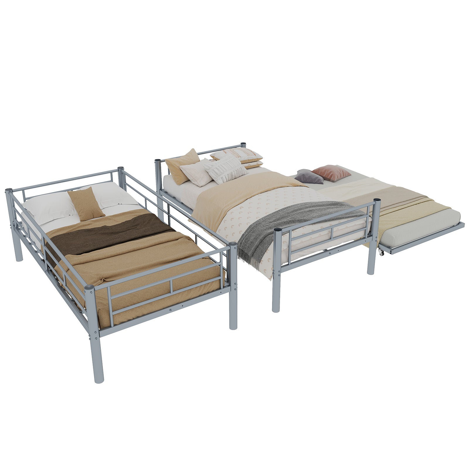 Uiowio Triple Bunk Bed Twin over Twin with Trundle,Triple Twin Bunk Bed with Ladder & Guardrail,Metal Convertible Triple Bunk Bed Frame for Teen & Adult,Bedroom,Dorm,Silver(Mattress not included)