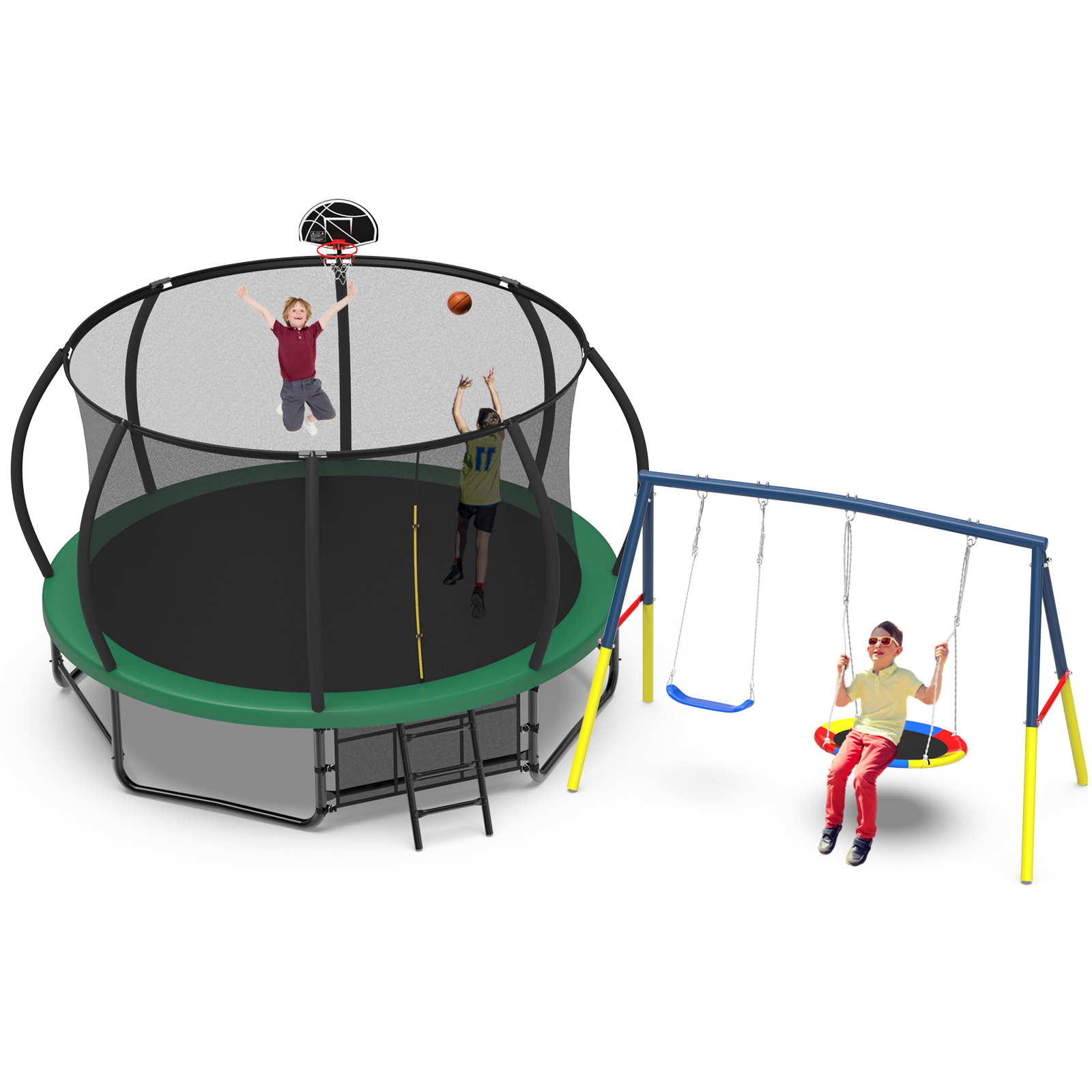 Mersco 14FT Heavy Duty Trampoline with Enclosure Net , Swing Set Outdoor Big Trampoline for Backyard, Kids Trampoline with Basketball Hoop, Kids Birthday and Festival Gifts,Green