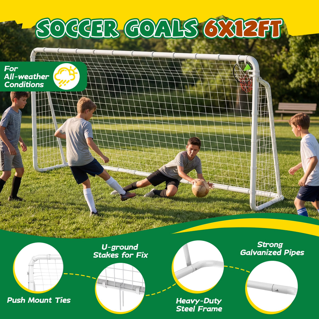 Kdymod 12×6 FT Portable Soccer Goal for Backyard, Easy Assembly Outdoor Soccer Goal Set for Kids and Adults (White)