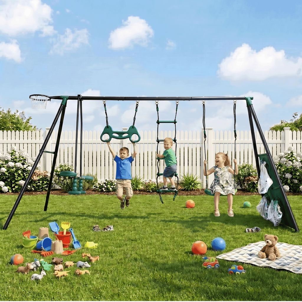 Mersco 6 in 1 Kids Metal Swing Seat for Backyard, Heavy-Duty Outdoor Playsets for Playground ,Outside Toys with Teeter-Totter,Climbing Net,Trapeze Bar,basketball hoop, soccer net for Aged 3+