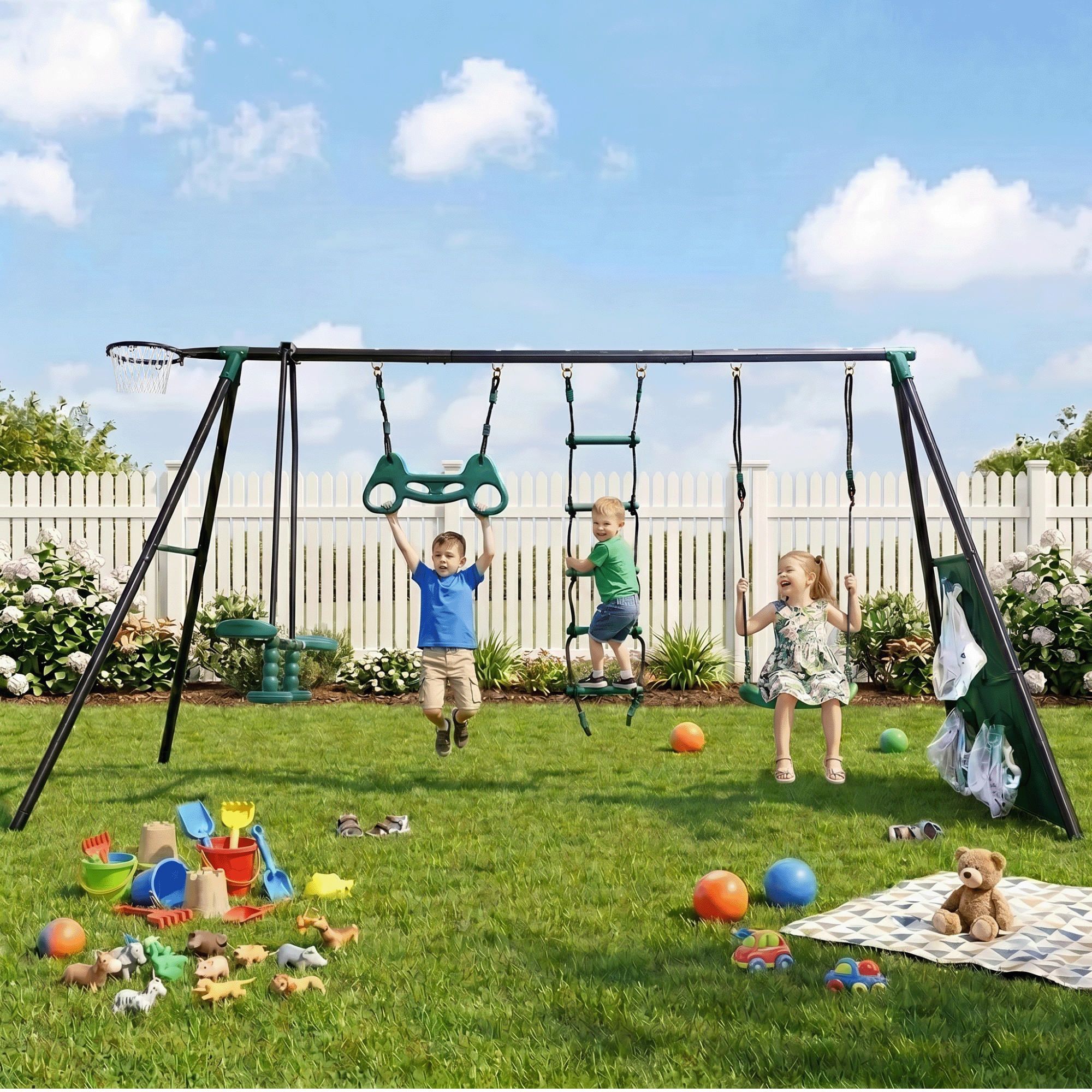 Mersco 6 in 1 Kids Metal Swing Seat for Backyard, Heavy-Duty Outdoor Playsets for Playground ,Outside Toys with Teeter-Totter,Climbing Net,Trapeze Bar,basketball hoop, soccer net for Aged 3+