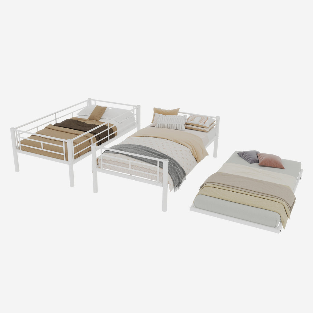 Uiowio Triple Bunk Bed Twin over Twin with Trundle,Triple Twin Bunk Bed with Ladder & Guardrail,Metal Convertible Triple Bunk Bed Frame for Teen & Adult,Bedroom,Dorm,White (Mattress not included)
