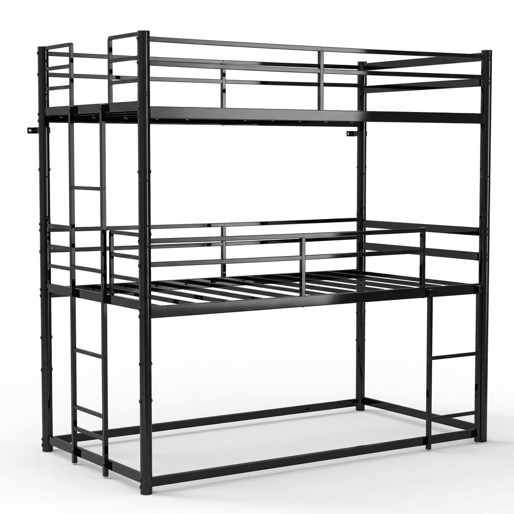 Kdymod Triple Bunk Bed Twin over Twin over Twin with Full-Length Guardrails & Reversible Ladder, Includes 3 Twin 6" Memory Foam Mattresses, Heavy-Duty Metal Bunk Bed Frame with Convertible Design