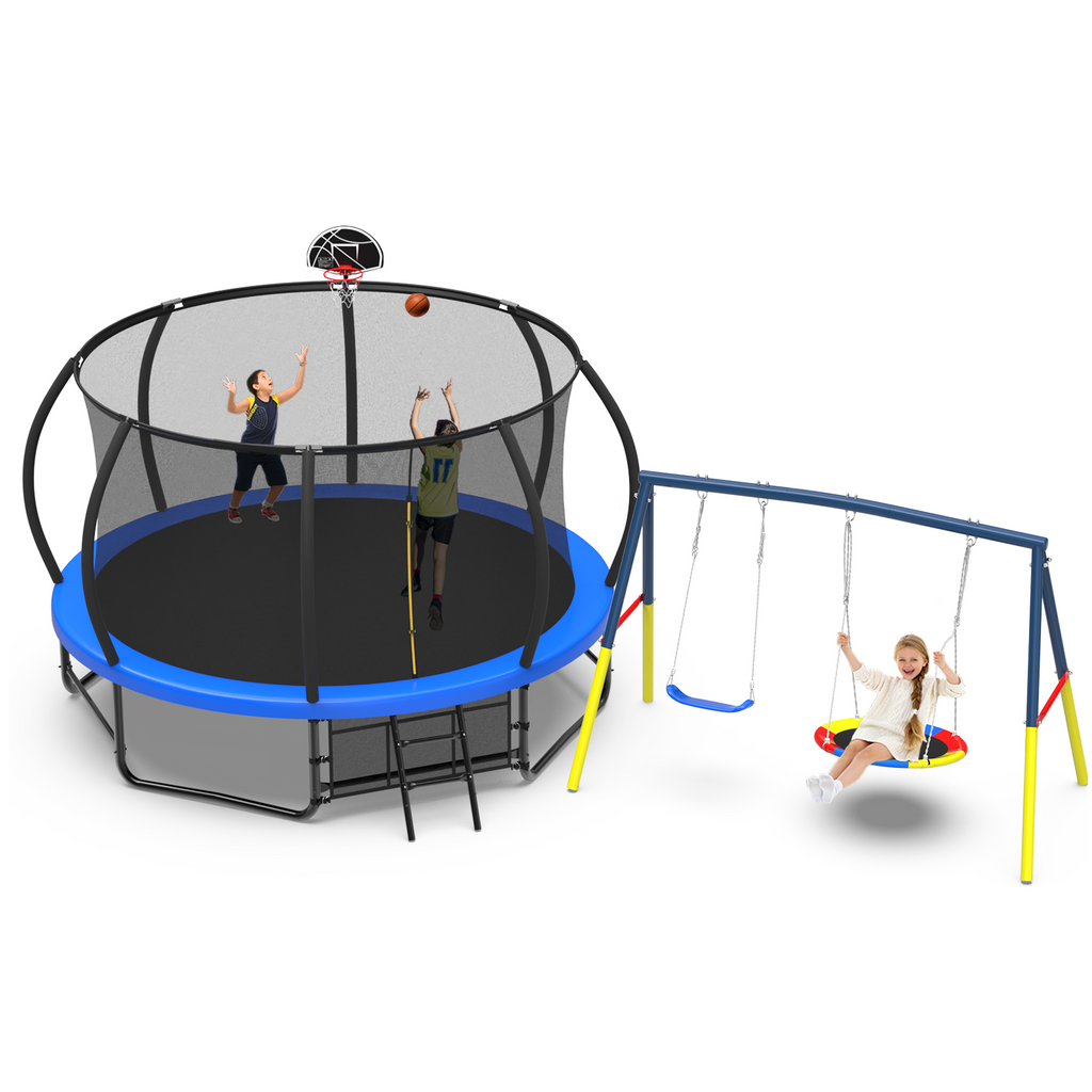 Mersco 12FT Heavy Duty Trampoline with Enclosure Net , Swing Set Outdoor Big Trampoline for Backyard, Kids Trampoline with Basketball Hoop,Kids Birthday and Festival Gifts, Blue
