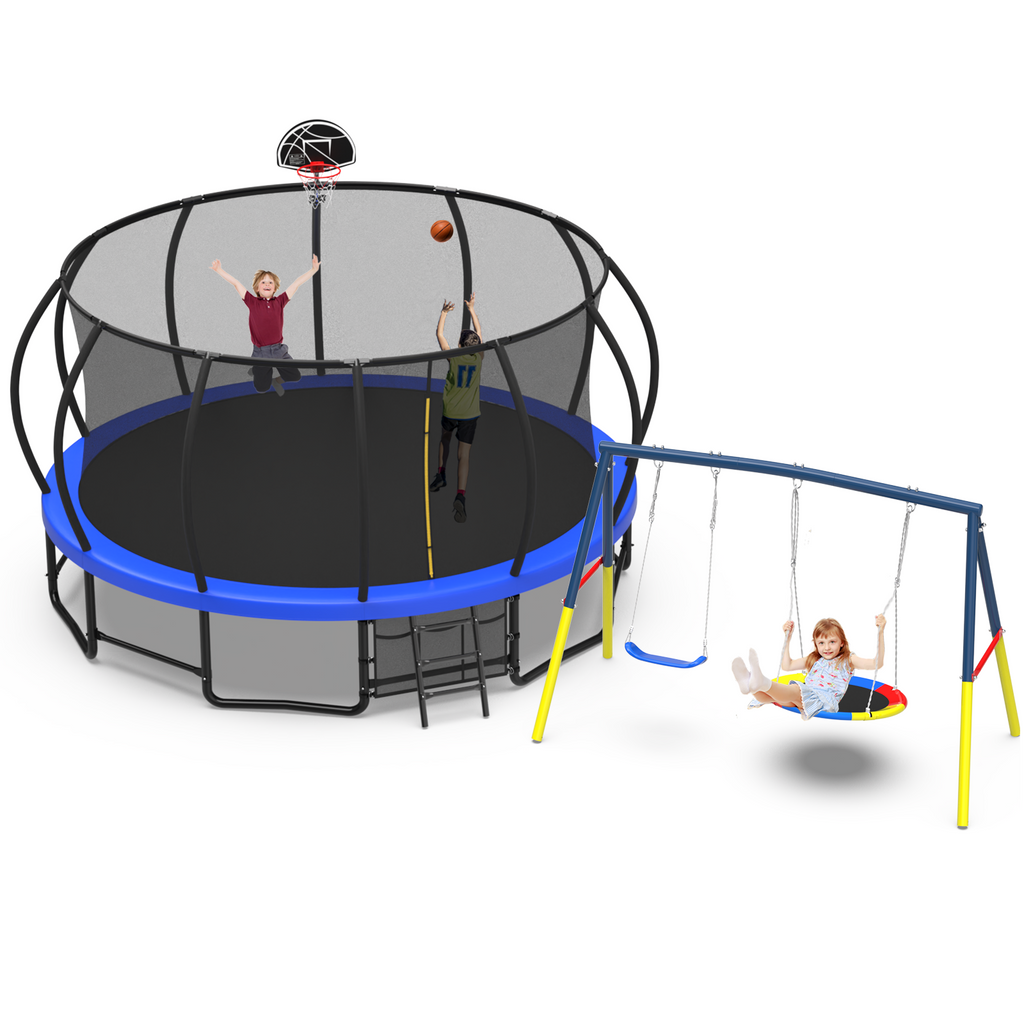 Mersco 15FT Heavy Duty Trampoline with Enclosure Net ,Swing Set Outdoor Big Trampoline for Backyard, Kids Trampoline with Basketball Hoop, Kids Birthday and Festival Gifts,Blue