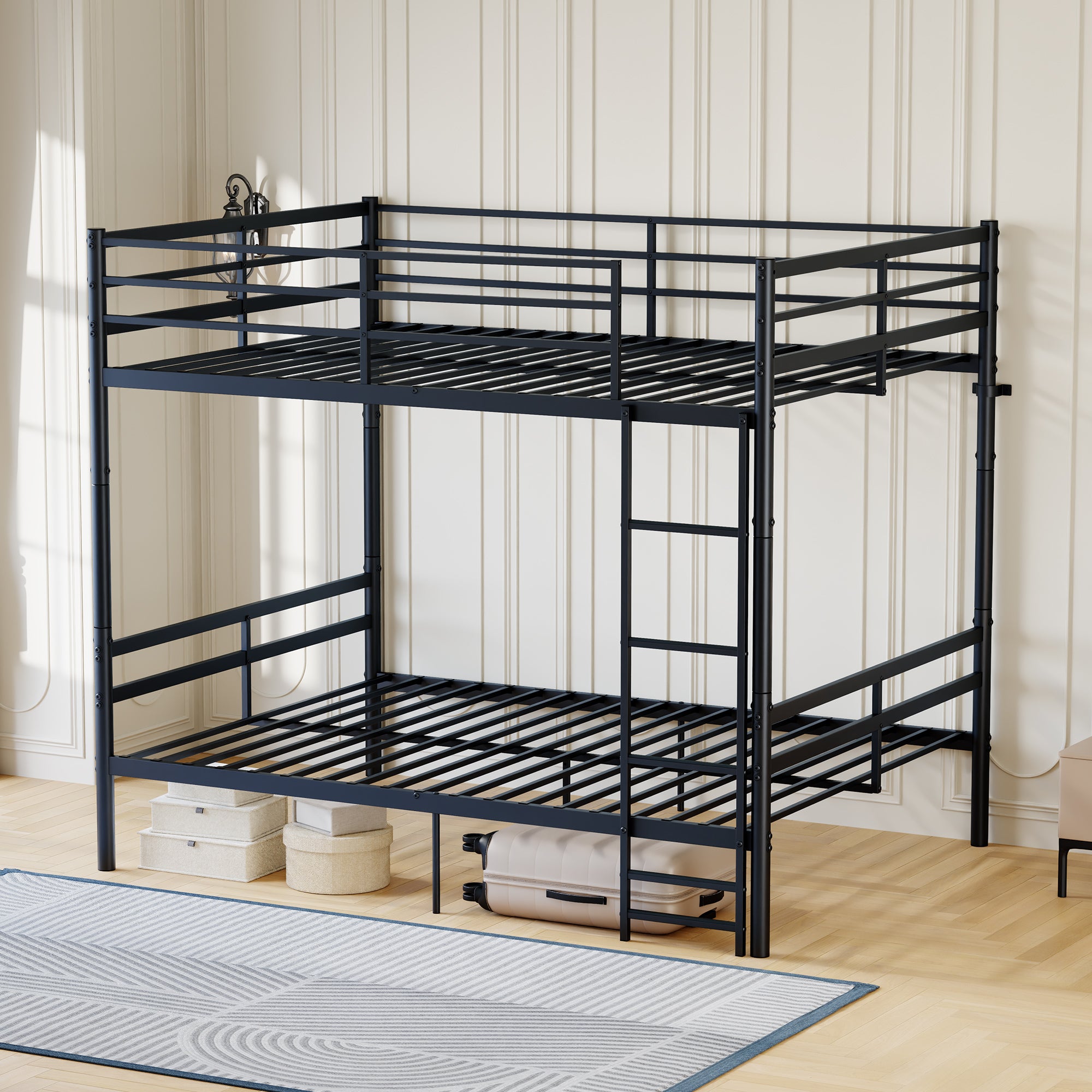 Kdymod Full over Full Metal Bunk Bed with Storage, Converts to 2 Separate Beds, Heavy-Duty & Space-Saving Bed Frame with Built-in Ladder & Safety Guardrail, Black
