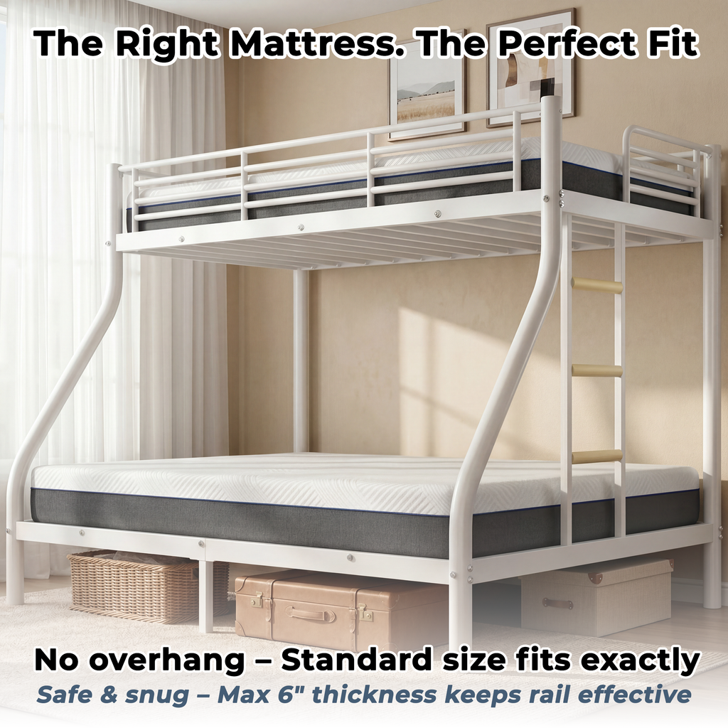 Kdymod Twin XL over Queen Metal Bunk Bed with Stairs & Storage, Heavy Duty Bed Frame for Adults & Teens, Includes 2 6" Memory Foam Mattresses, No Box Spring Needed, White