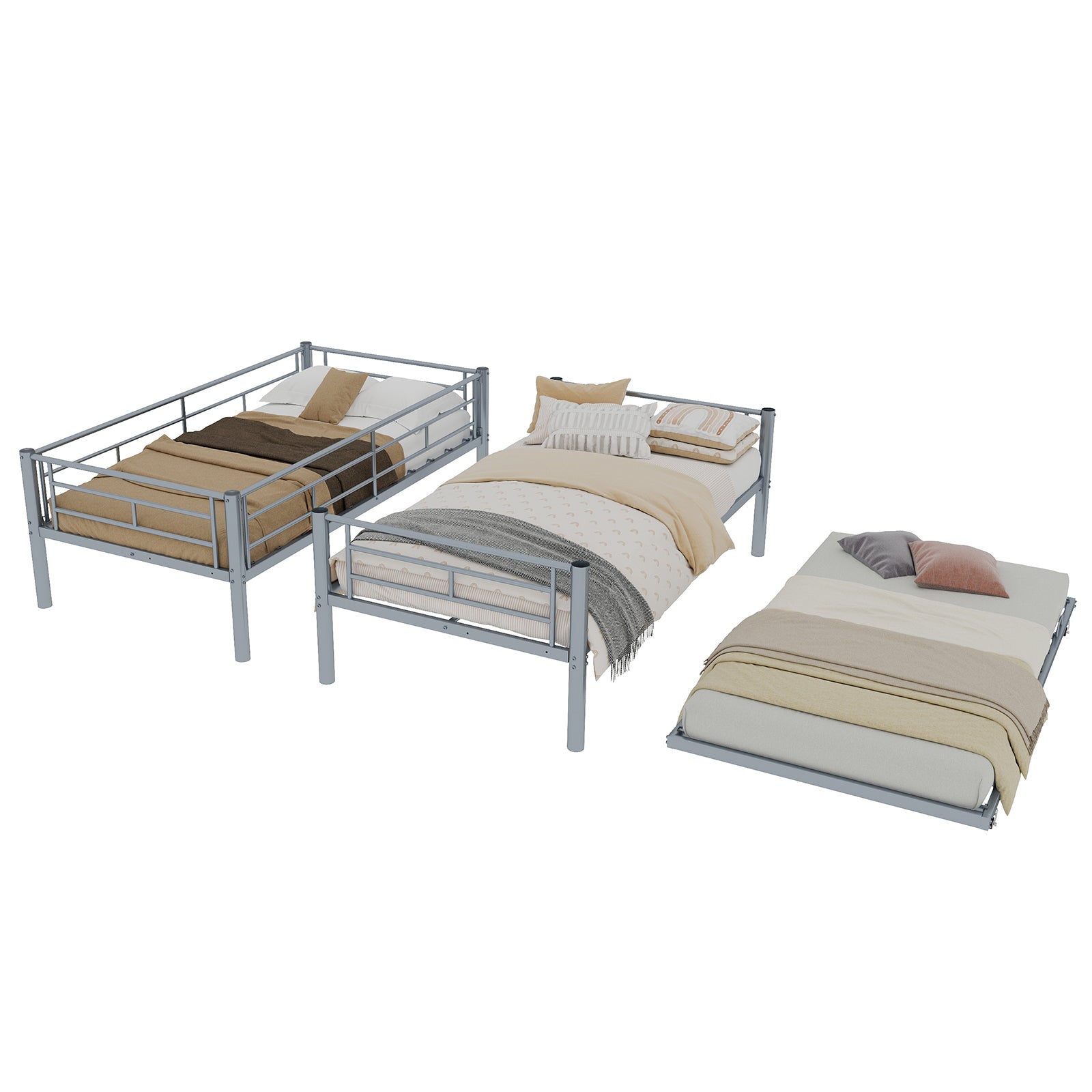Uiowio Triple Bunk Bed Twin over Twin with Trundle,Triple Twin Bunk Bed with Ladder & Guardrail,Metal Convertible Triple Bunk Bed Frame for Teen & Adult,Bedroom,Dorm,Silver(Mattress not included)