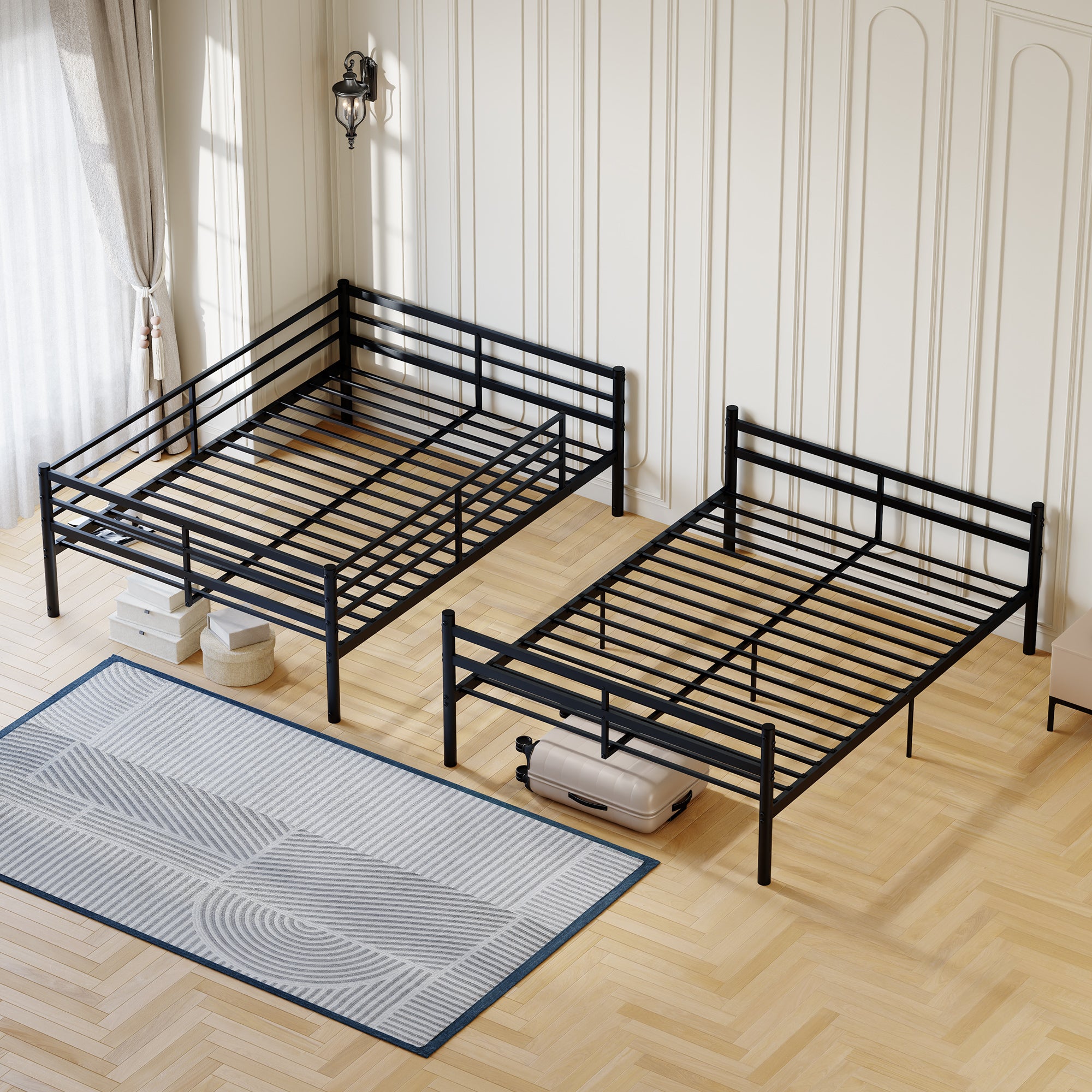 Kdymod Full over Full Metal Bunk Bed with Storage, Converts to 2 Separate Beds, Heavy-Duty & Space-Saving Bed Frame with Built-in Ladder & Safety Guardrail, Black