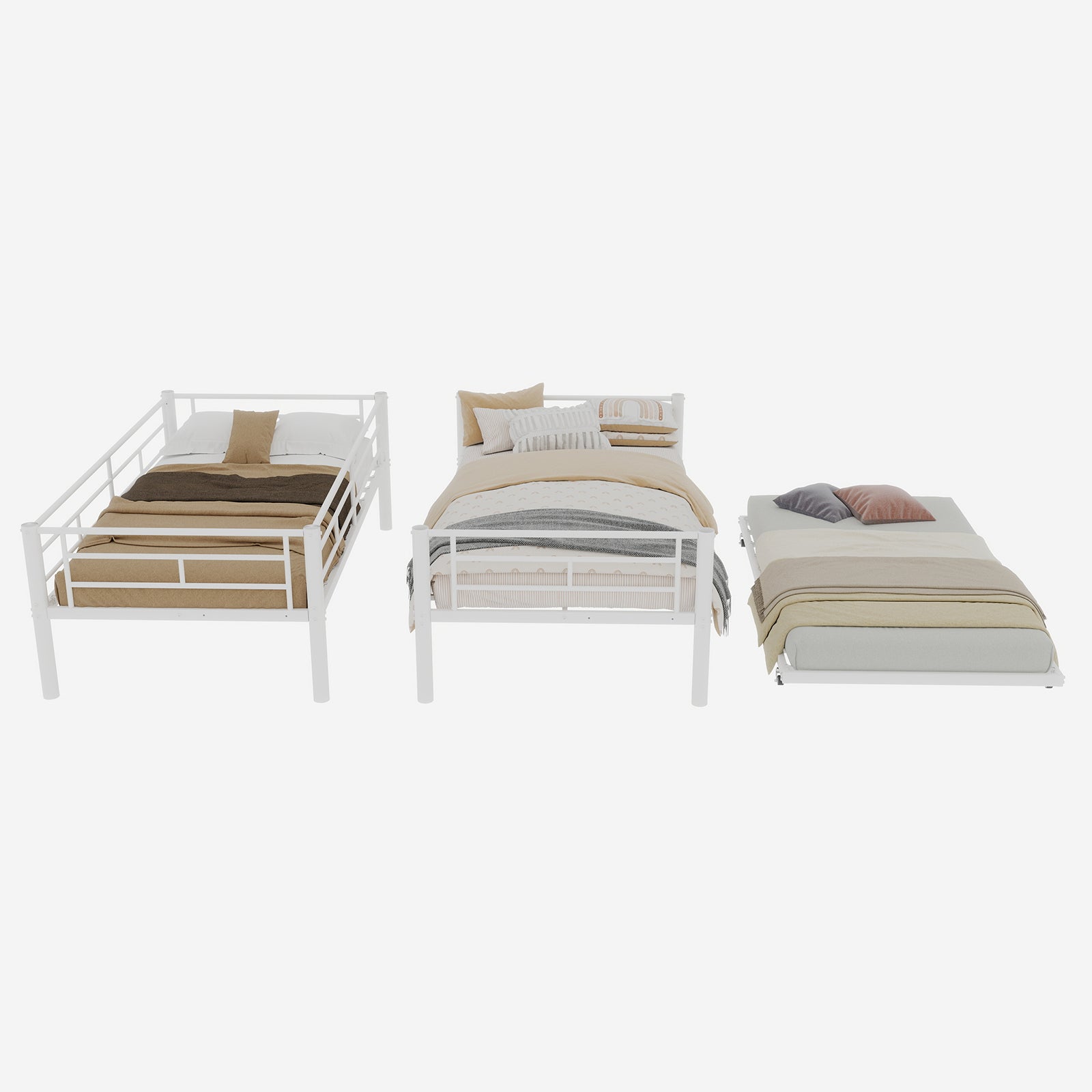 Uiowio Triple Bunk Bed Twin over Twin with Trundle,Triple Twin Bunk Bed with Ladder & Guardrail,Metal Convertible Triple Bunk Bed Frame for Teen & Adult,Bedroom,Dorm,White (Mattress not included)