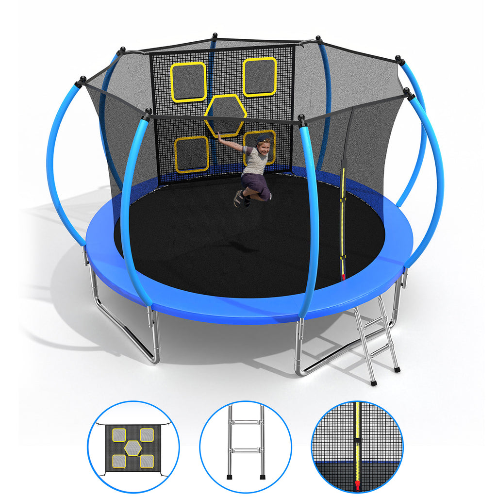 Mersco 12FT Trampoline for Kids with Mulifunctional Target Cloth,Outdoor Recreational Trampolines with Enclosure Net, Ladder,Jumping Trampoline SPACE for Kid Birthday and Festival Gift,Blue