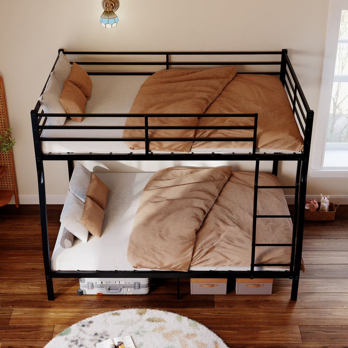 Netrum Full over Queen Bunk Bed for Teens Adults,Heavy Duty Metal Bunk Beds Frame, with Ladder & Storage,Full Bunk Bed with Safe Guardrail, No Box Spring Needed