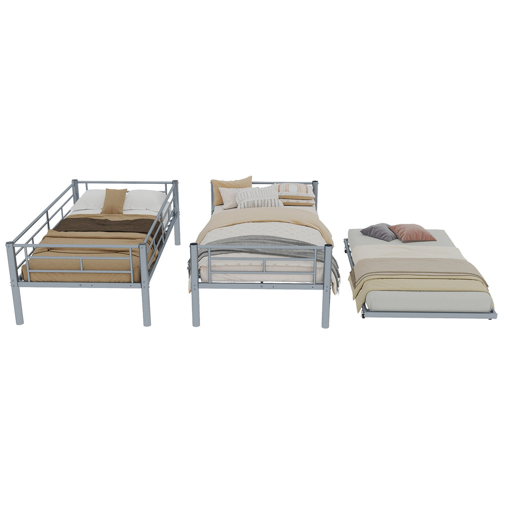 Uiowio Triple Bunk Bed Twin over Twin with Trundle,Triple Twin Bunk Bed with Ladder & Guardrail,Metal Convertible Triple Bunk Bed Frame for Teen & Adult,Bedroom,Dorm,Silver(Mattress not included)